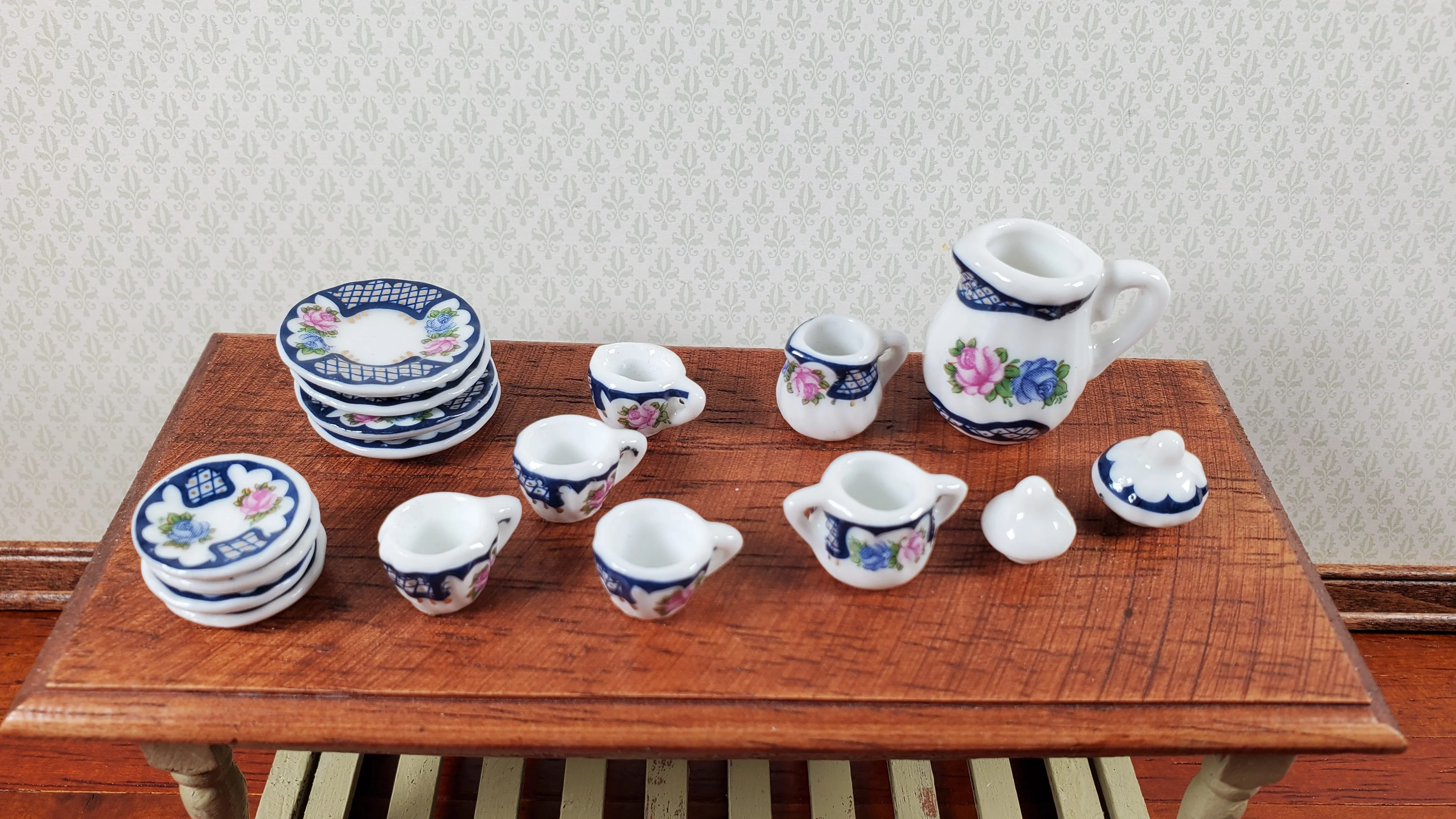 Dollhouse Coffee Set with Plates Blue Lace Design Ceramic 1:12 Scale Miniature - Image 3