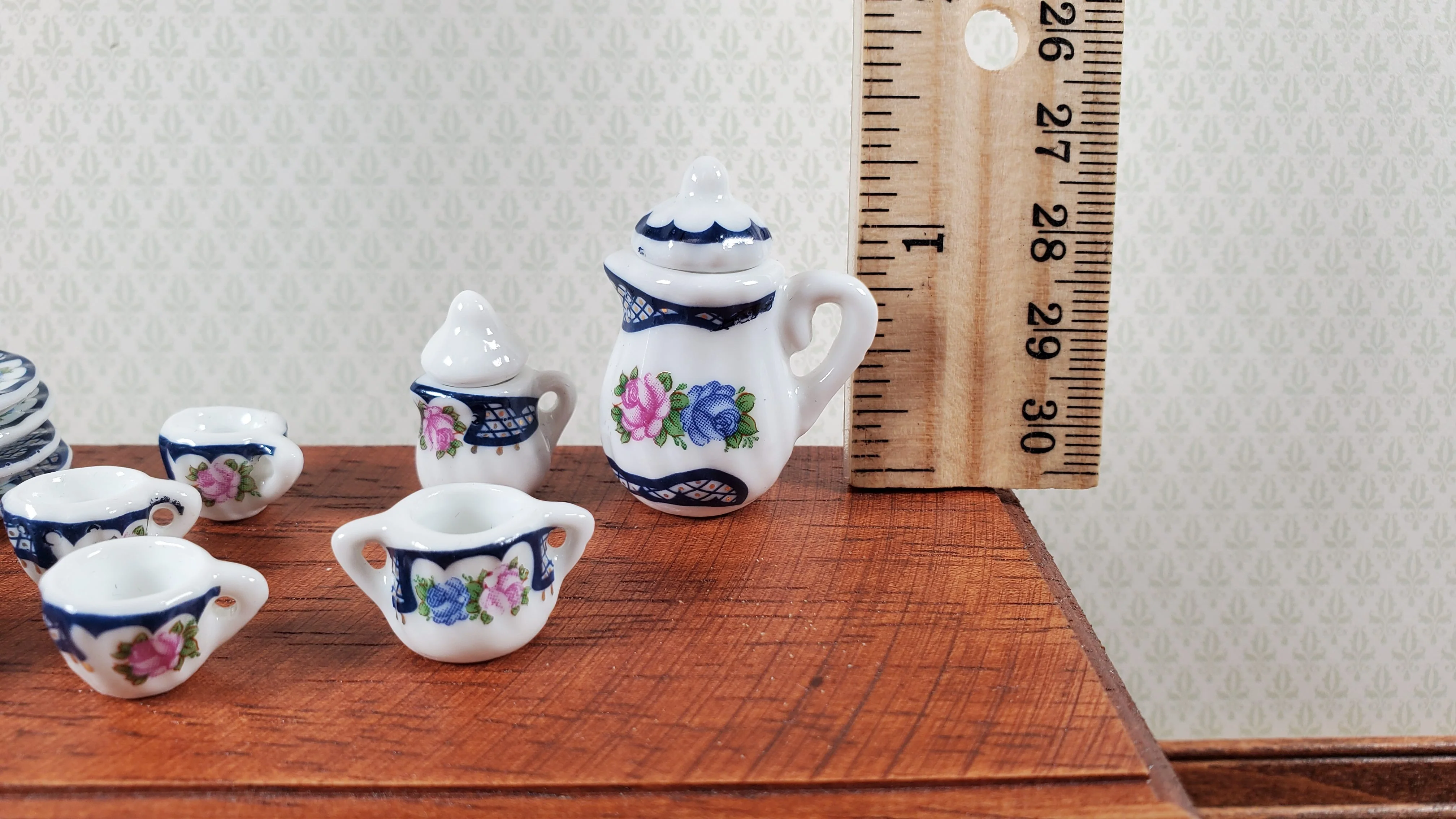 Dollhouse Coffee Set with Plates Blue Lace Design Ceramic 1:12 Scale Miniature - Image 4
