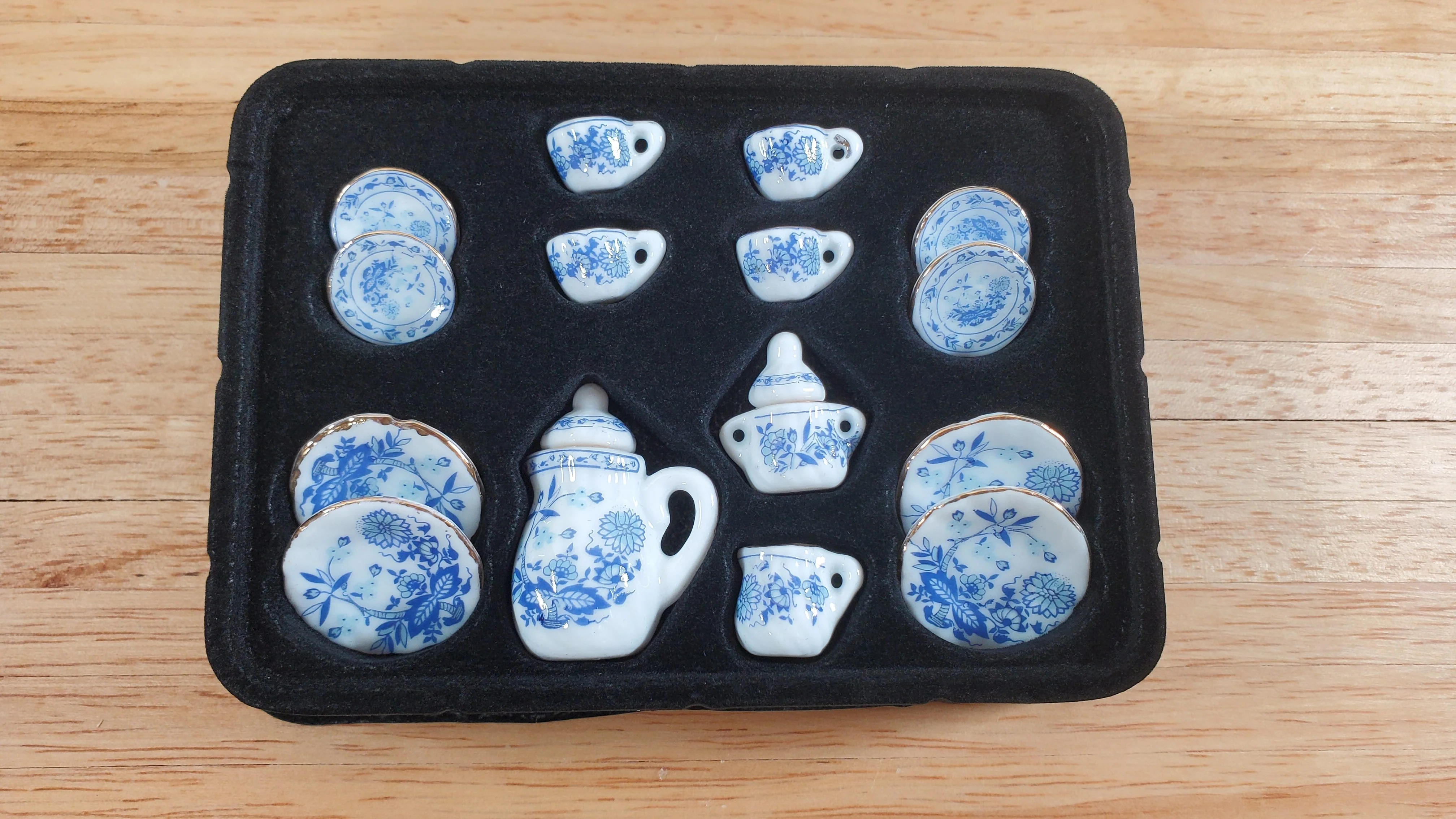 Dollhouse Coffee Set with Plates Blue White Floral Ceramic 1:12 Scale Miniature - Image 2