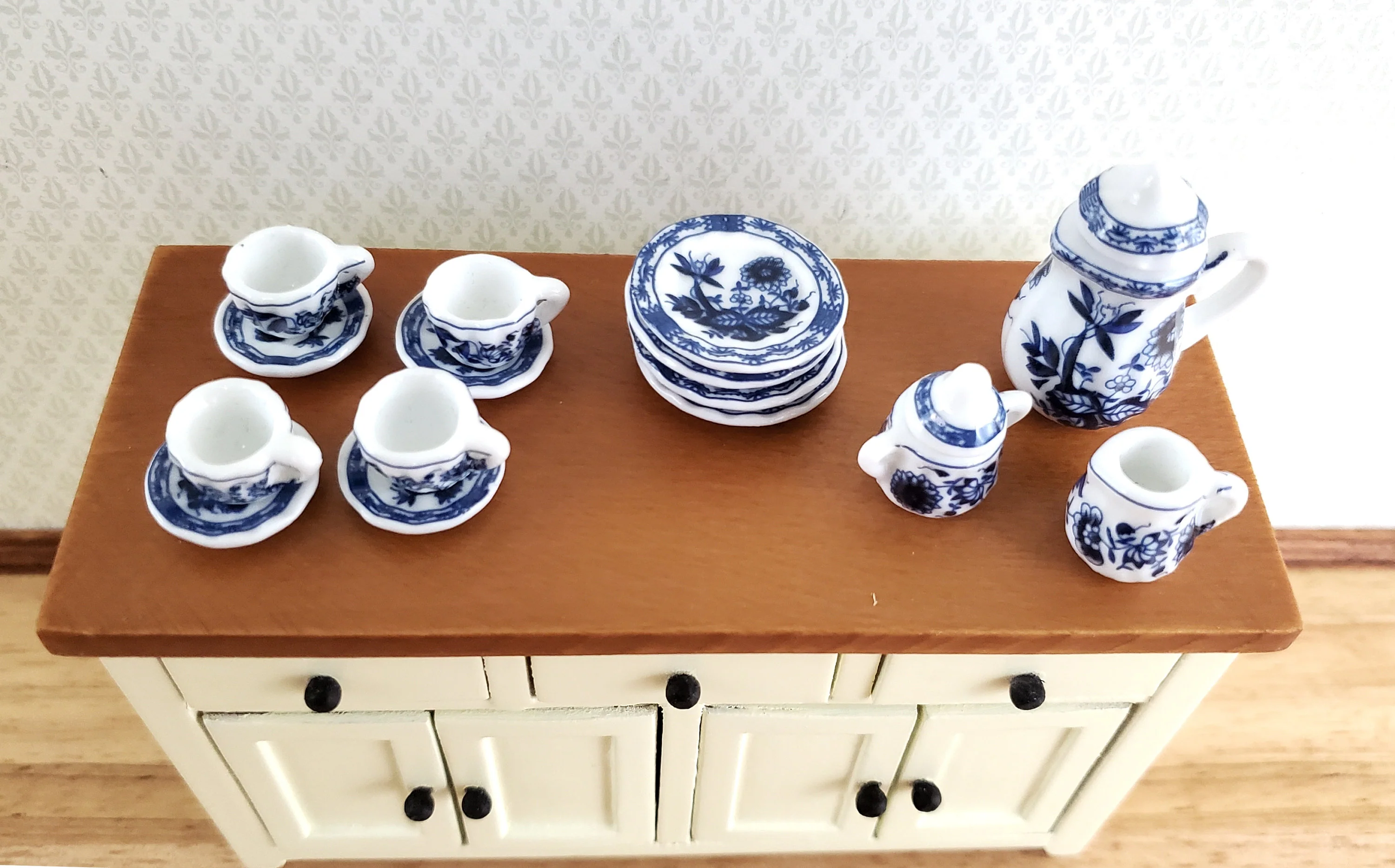 Dollhouse Coffee Tea Set Ceramic Pot Plates Cups Saucers 1:12 Scale Miniatures - Image 2
