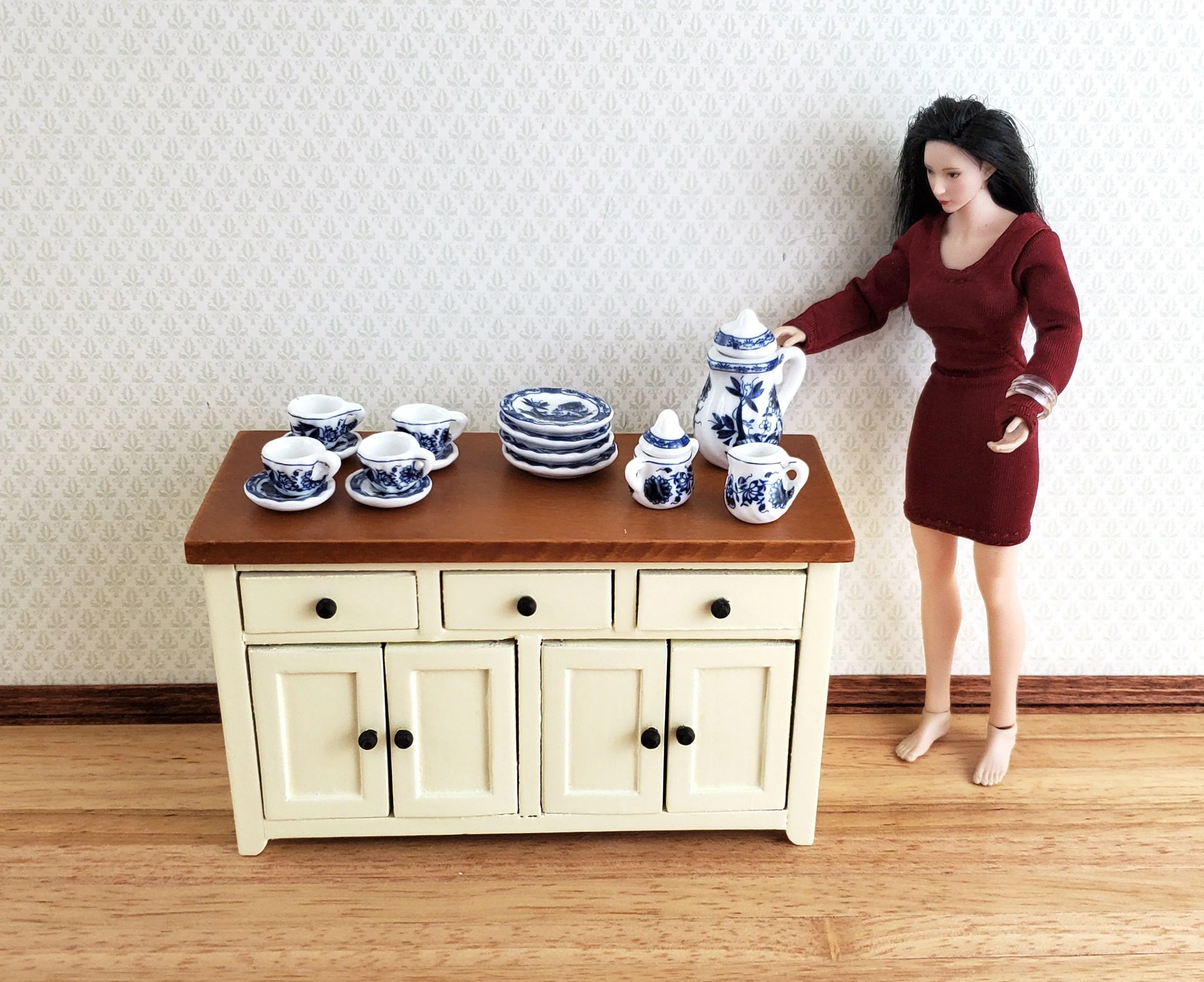 Dollhouse Coffee Tea Set Ceramic Pot Plates Cups Saucers 1:12 Scale Miniatures - Image 3