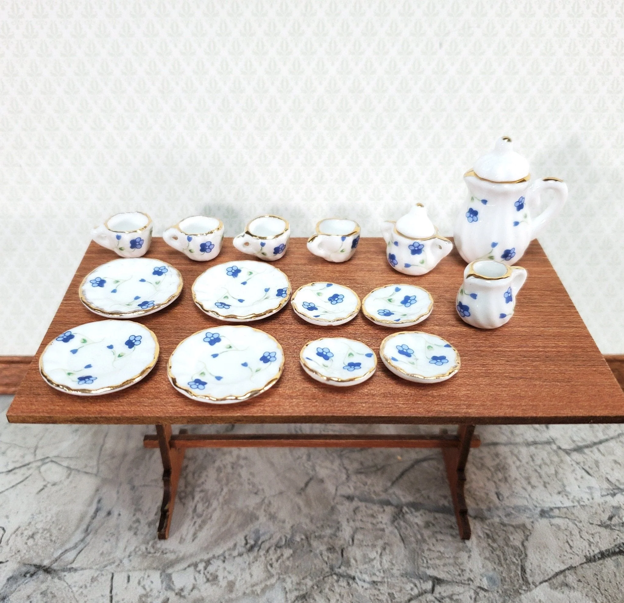 Dollhouse Coffee Tea Set Large Ceramic Pot Plates Cups Saucers 1:12 Scale Blue White