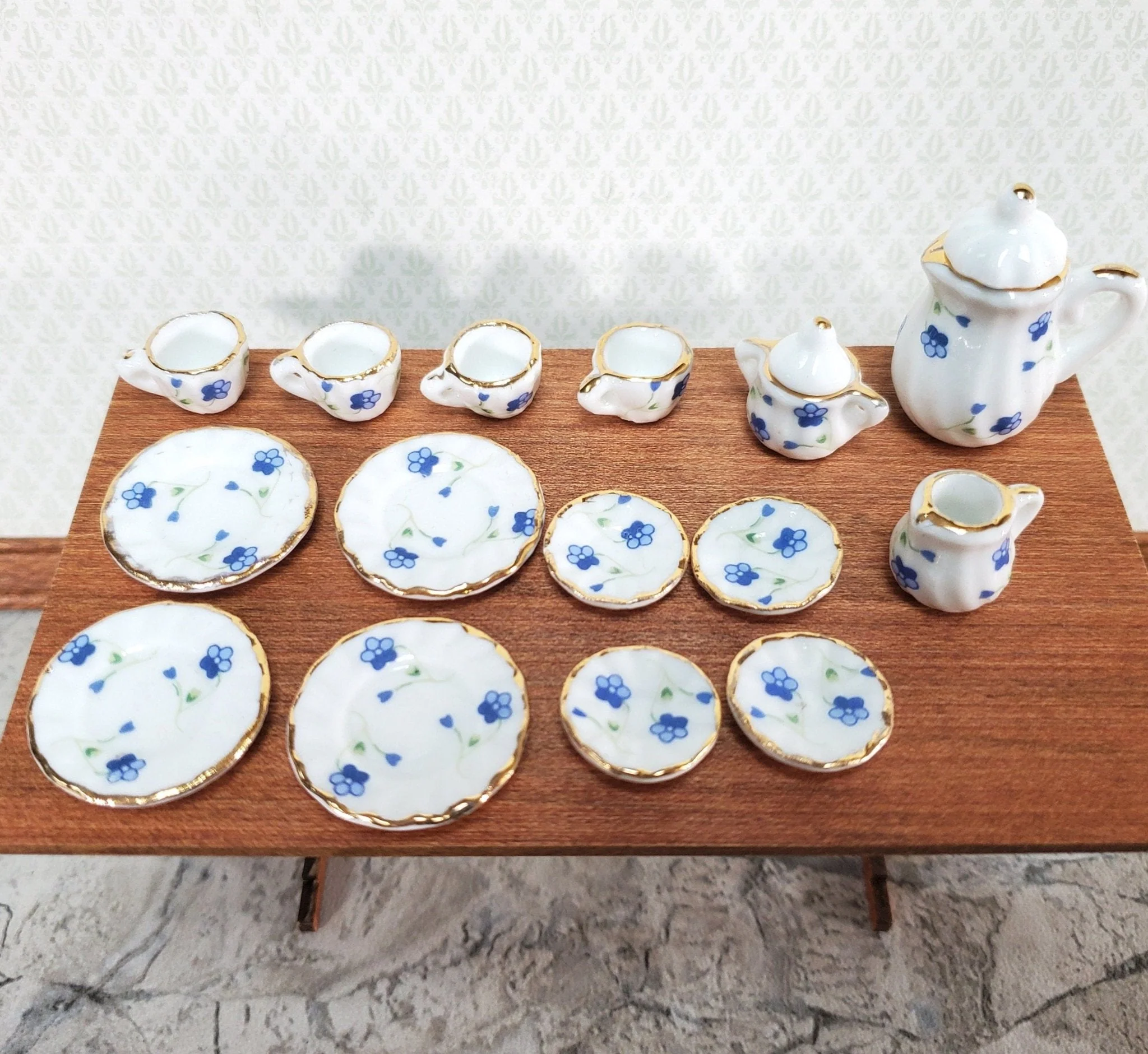 Dollhouse Coffee Tea Set Large Ceramic Pot Plates Cups Saucers 1:12 Scale Blue White - Image 2