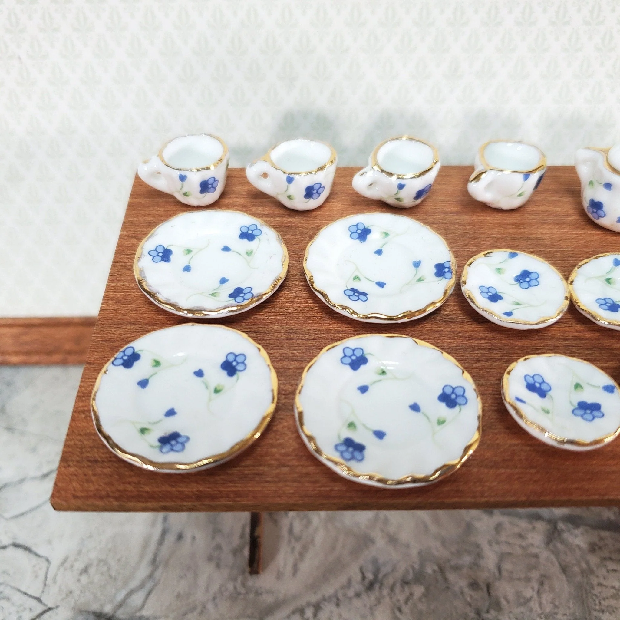 Dollhouse Coffee Tea Set Large Ceramic Pot Plates Cups Saucers 1:12 Scale Blue White - Image 3