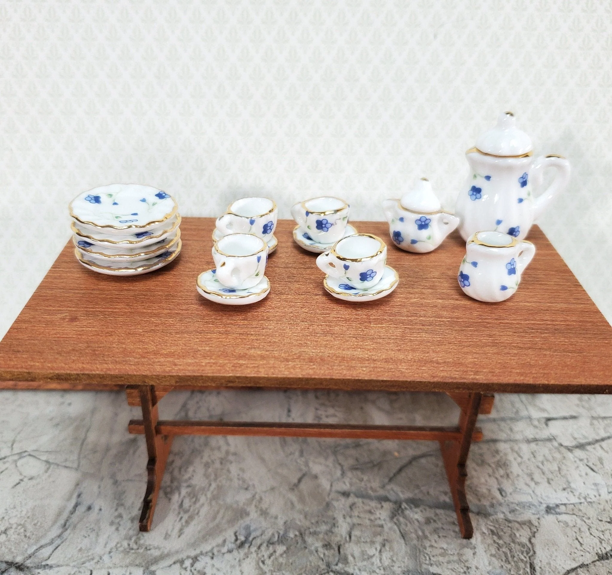 Dollhouse Coffee Tea Set Large Ceramic Pot Plates Cups Saucers 1:12 Scale Blue White - Image 4