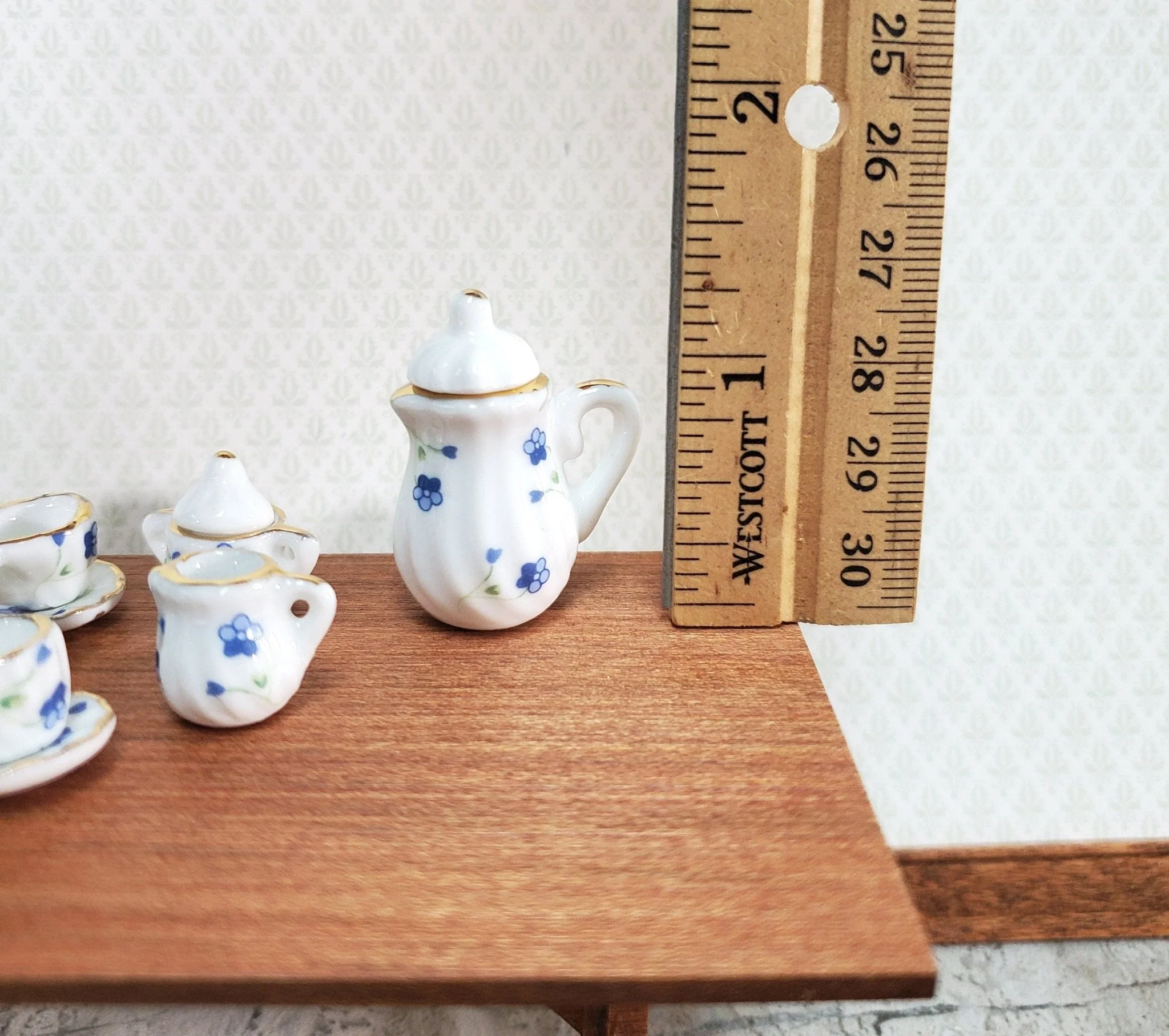 Dollhouse Coffee Tea Set Large Ceramic Pot Plates Cups Saucers 1:12 Scale Blue White - Image 5