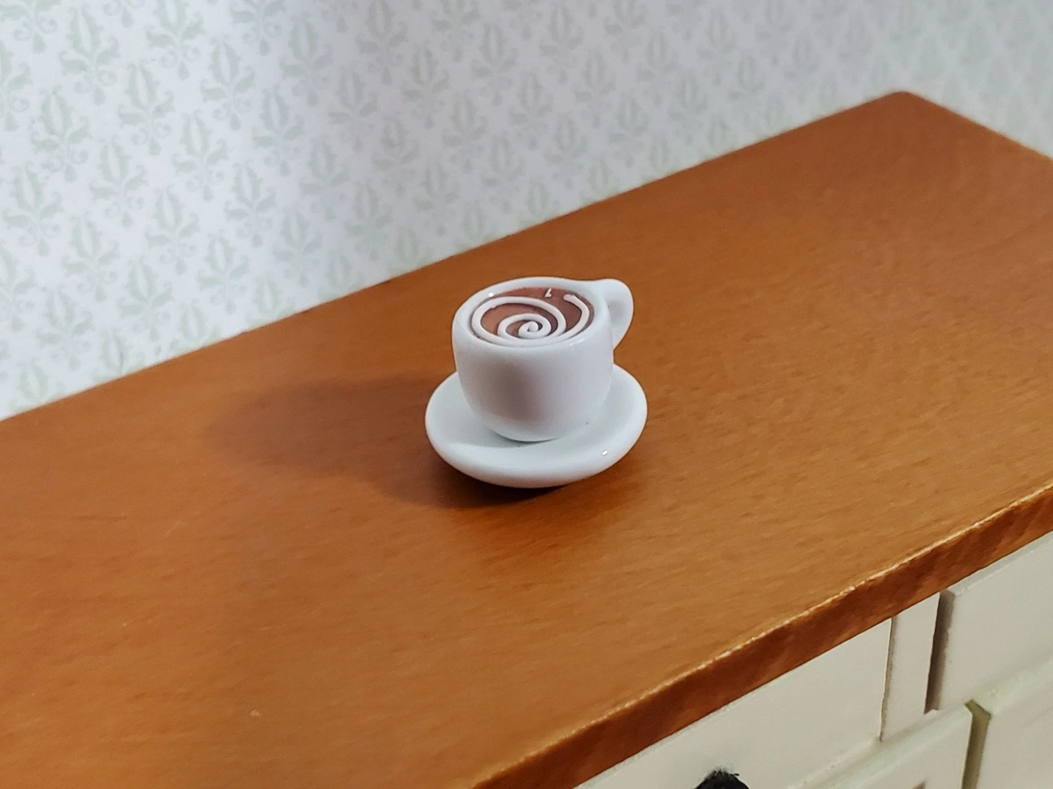 Dollhouse Coffee with Cream Large White Ceramic with Saucer 1:12 Scale Miniature Food
