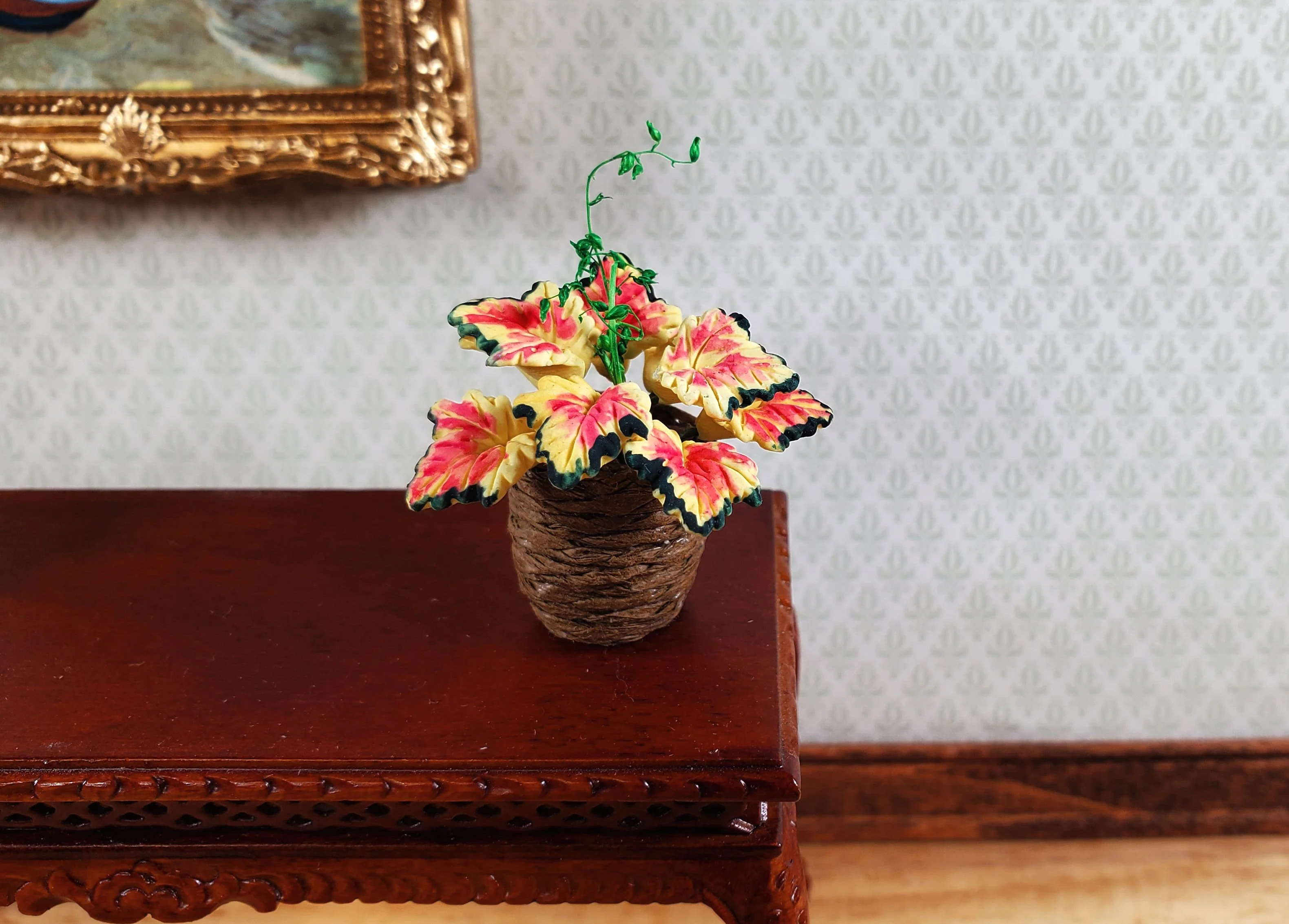 Dollhouse Coleus Plant in a Basket 1:12 Scale Miniature Garden Potted Plant - Image 2