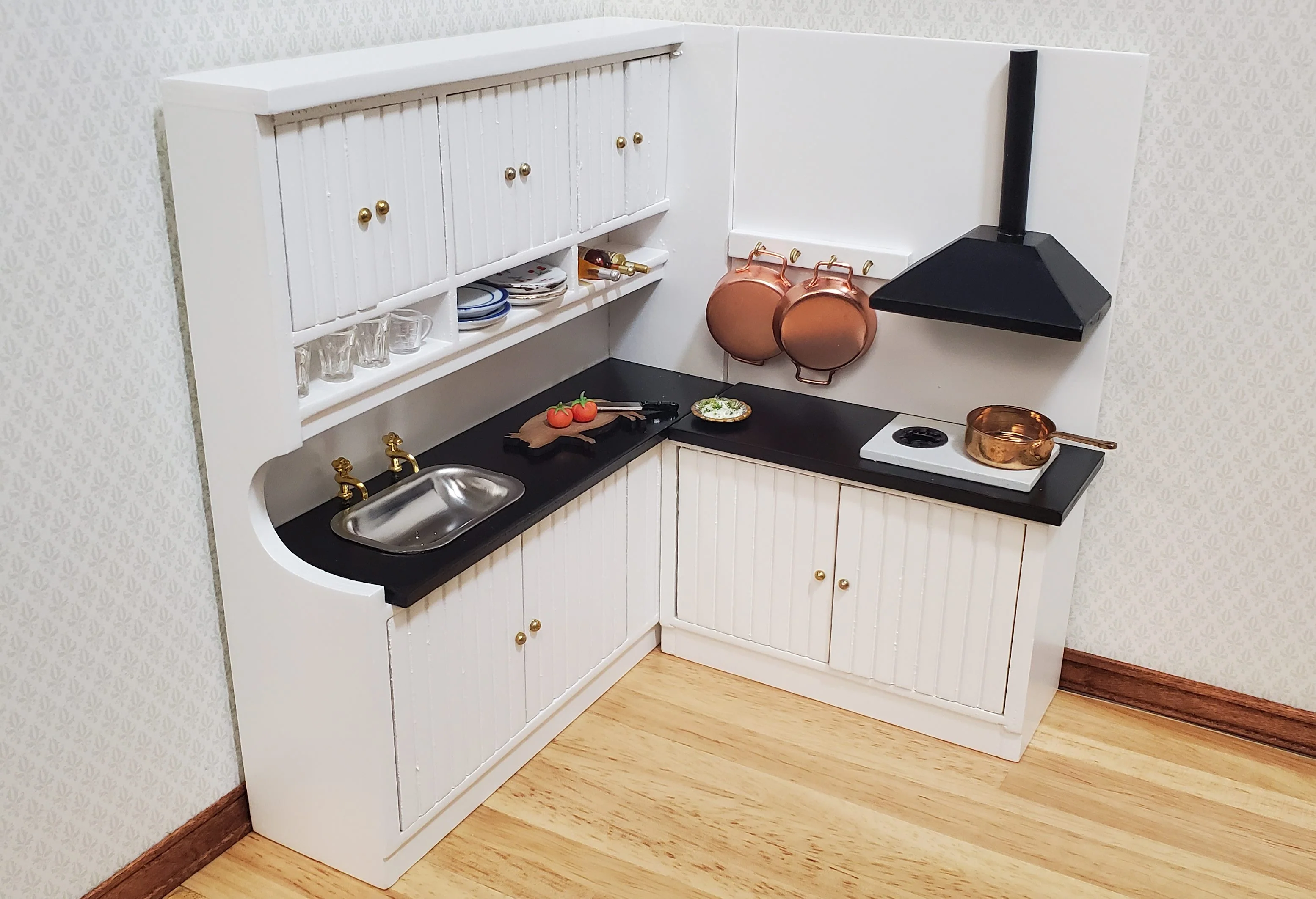 Dollhouse Corner Kitchen Set WHITE Sink Stove Top Cabinets 1:12 Scale Miniature - Image 4