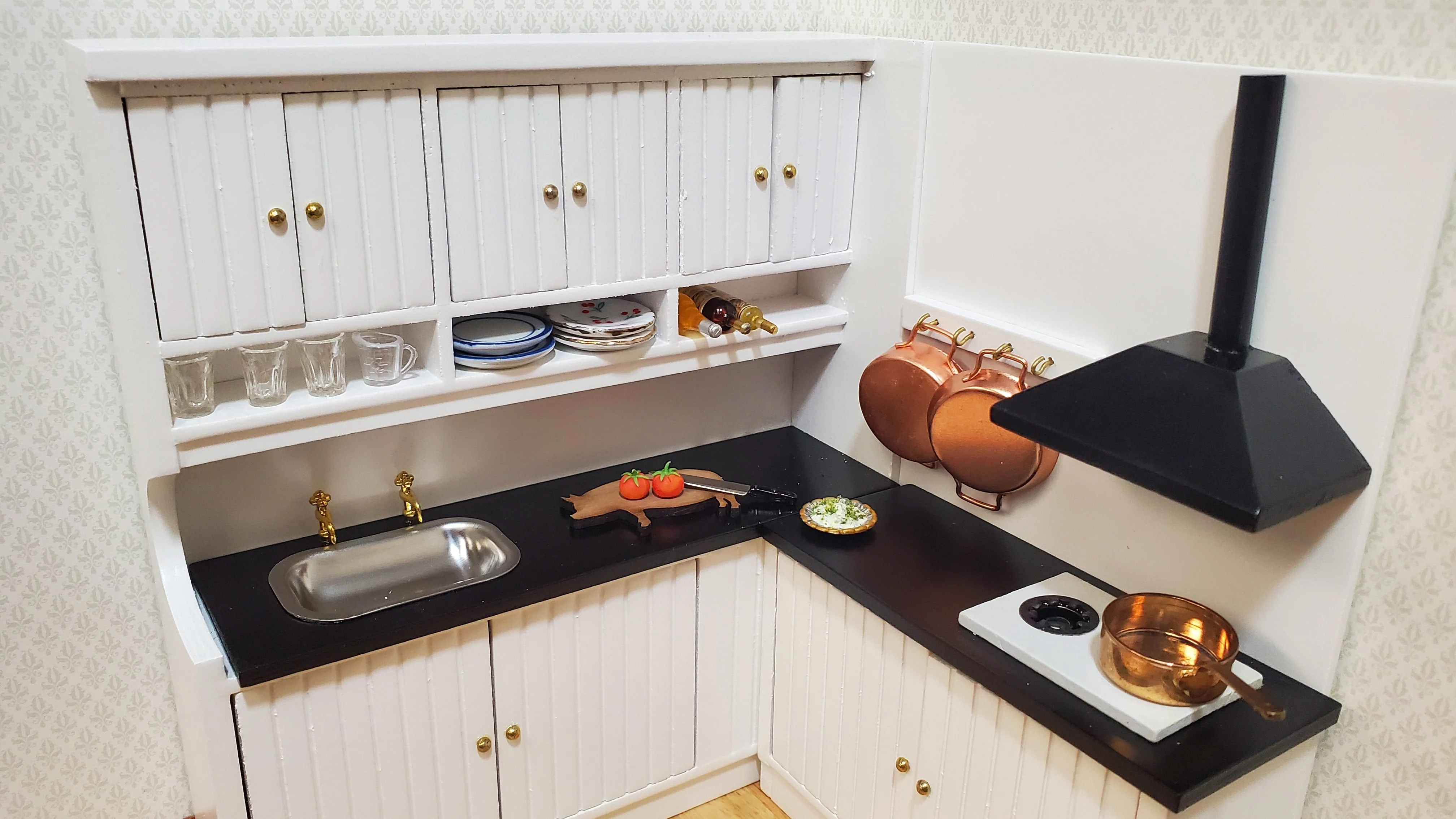 Dollhouse Corner Kitchen Set WHITE Sink Stove Top Cabinets 1:12 Scale Miniature - Image 5