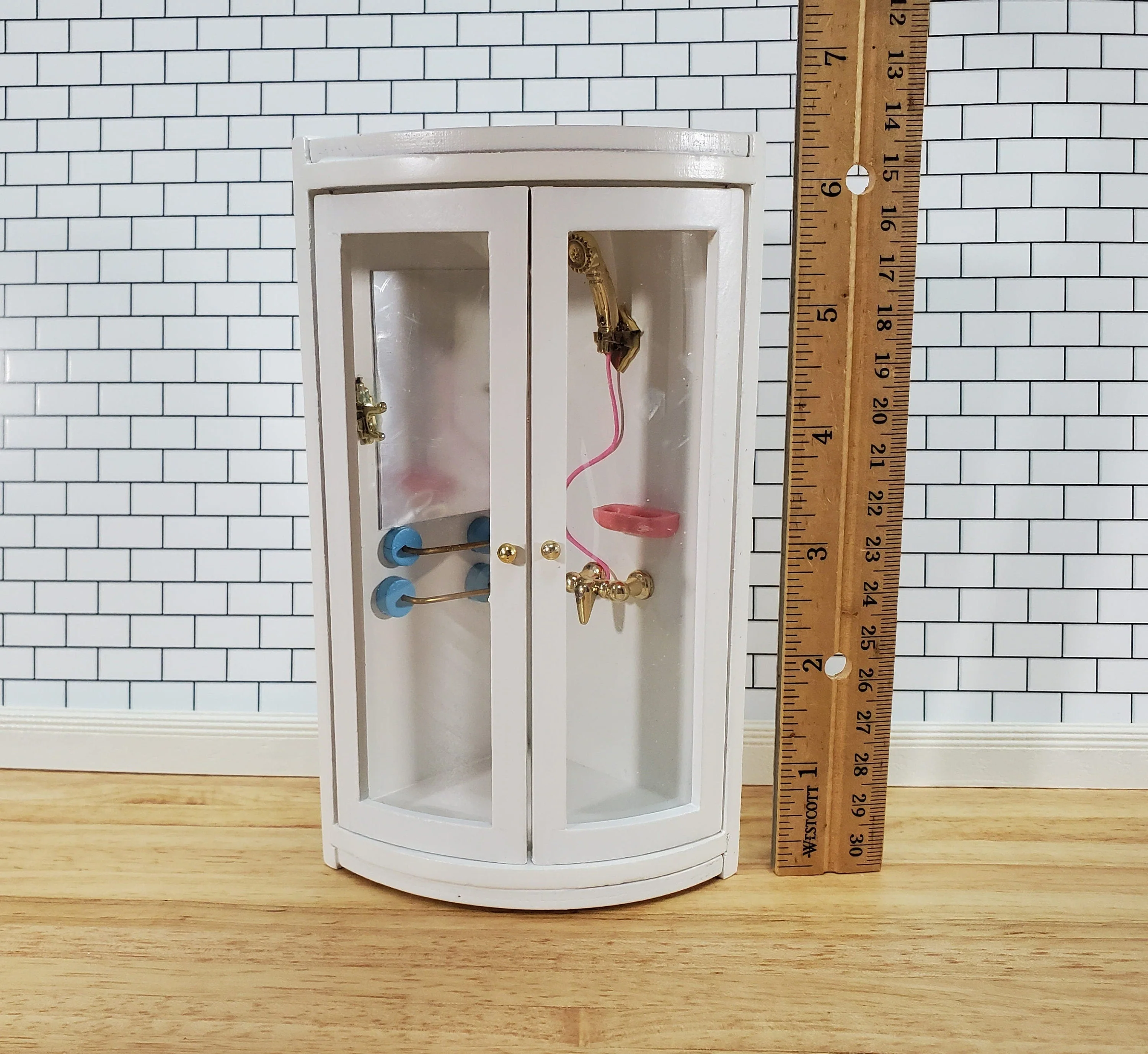 Dollhouse Corner Shower Modern Wood 1:12 Scale Miniature Bathroom White - Image 5