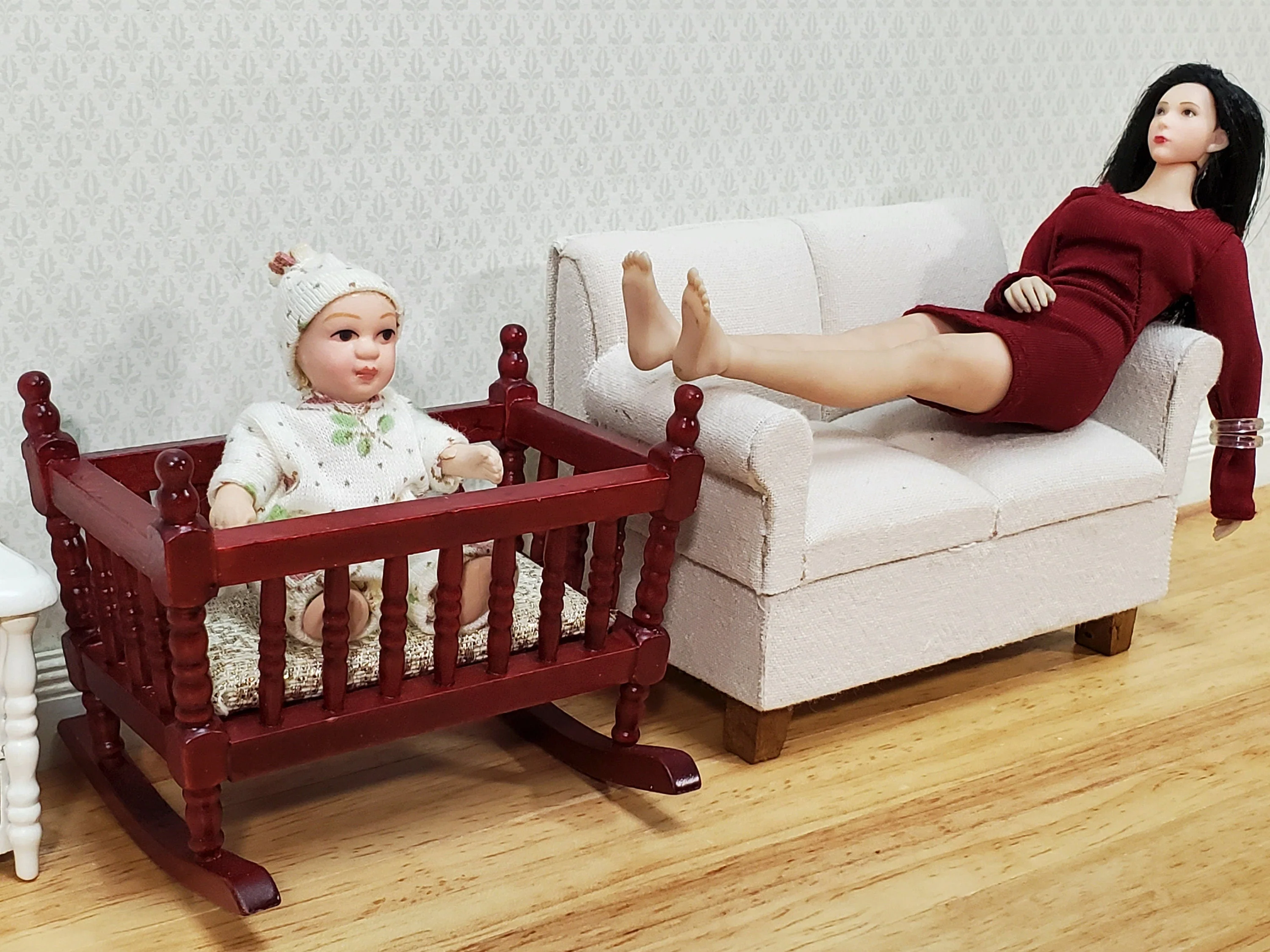 Dollhouse Cradle Crib for Nursery Wood Mahogany Finish 1:12 Scale Miniature Furniture - Image 3