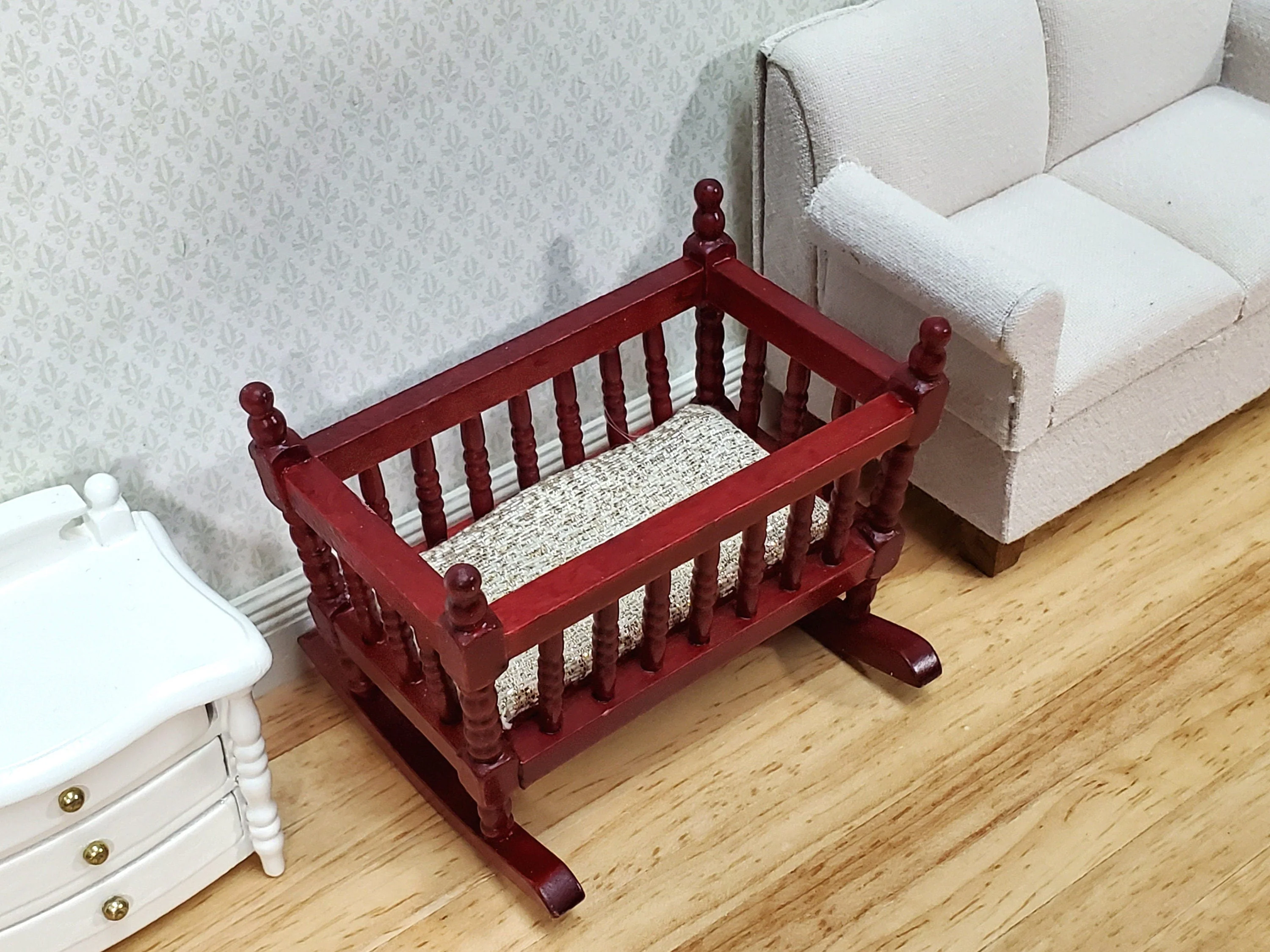 Dollhouse Cradle Crib for Nursery Wood Mahogany Finish 1:12 Scale Miniature Furniture - Image 5
