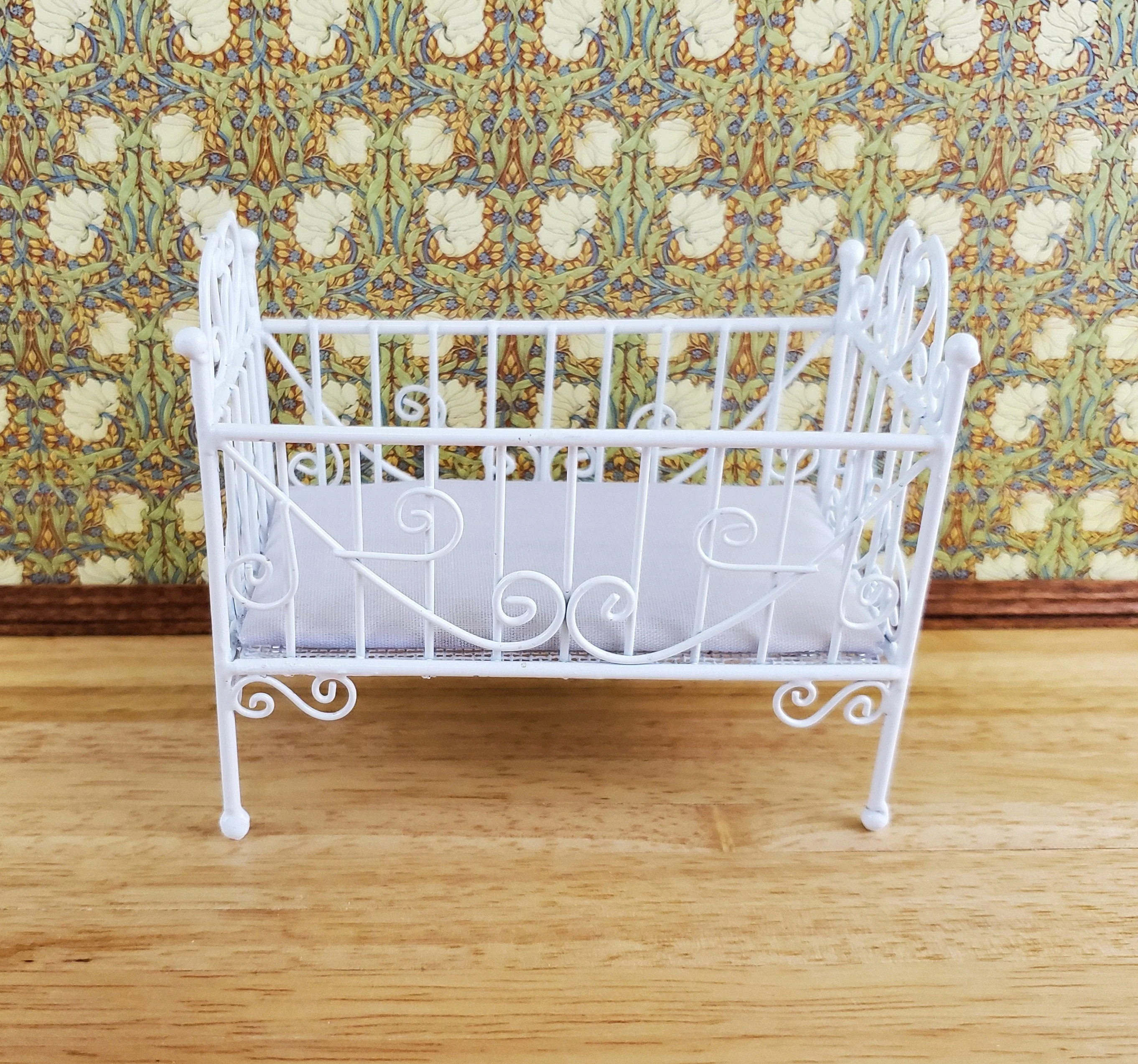 Dollhouse Crib White Metal Wire 1:12 Scale Nursery Miniature Furniture - Image 2