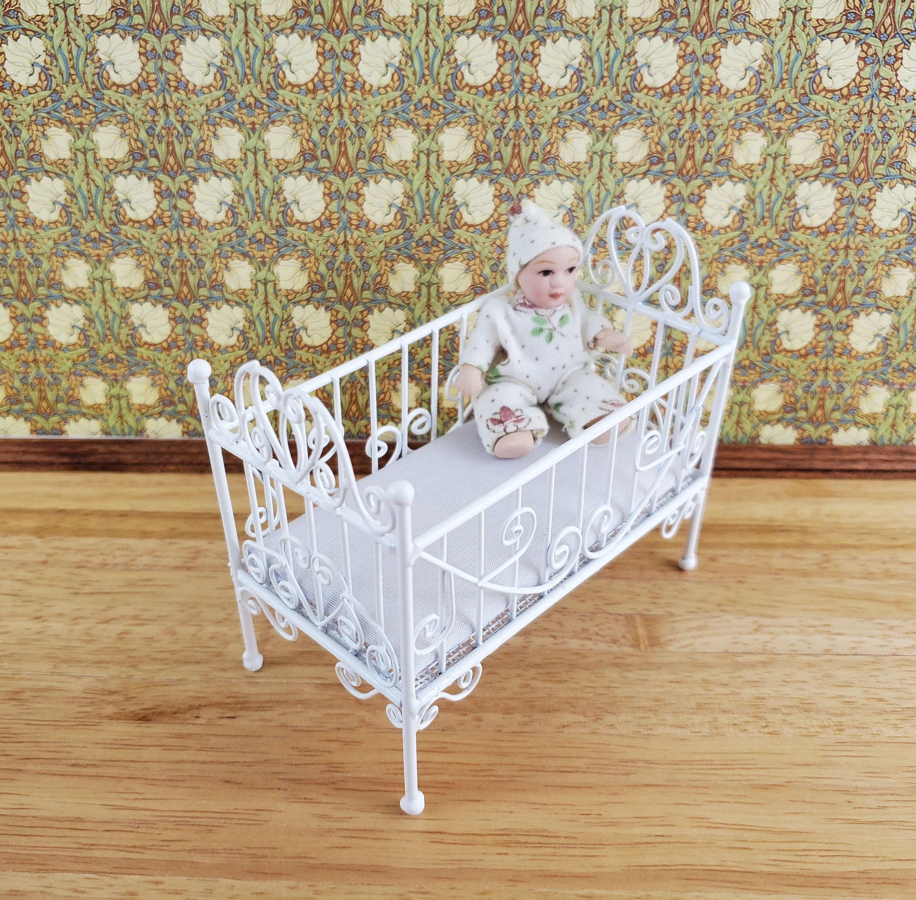 Dollhouse Crib White Metal Wire 1:12 Scale Nursery Miniature Furniture - Image 4