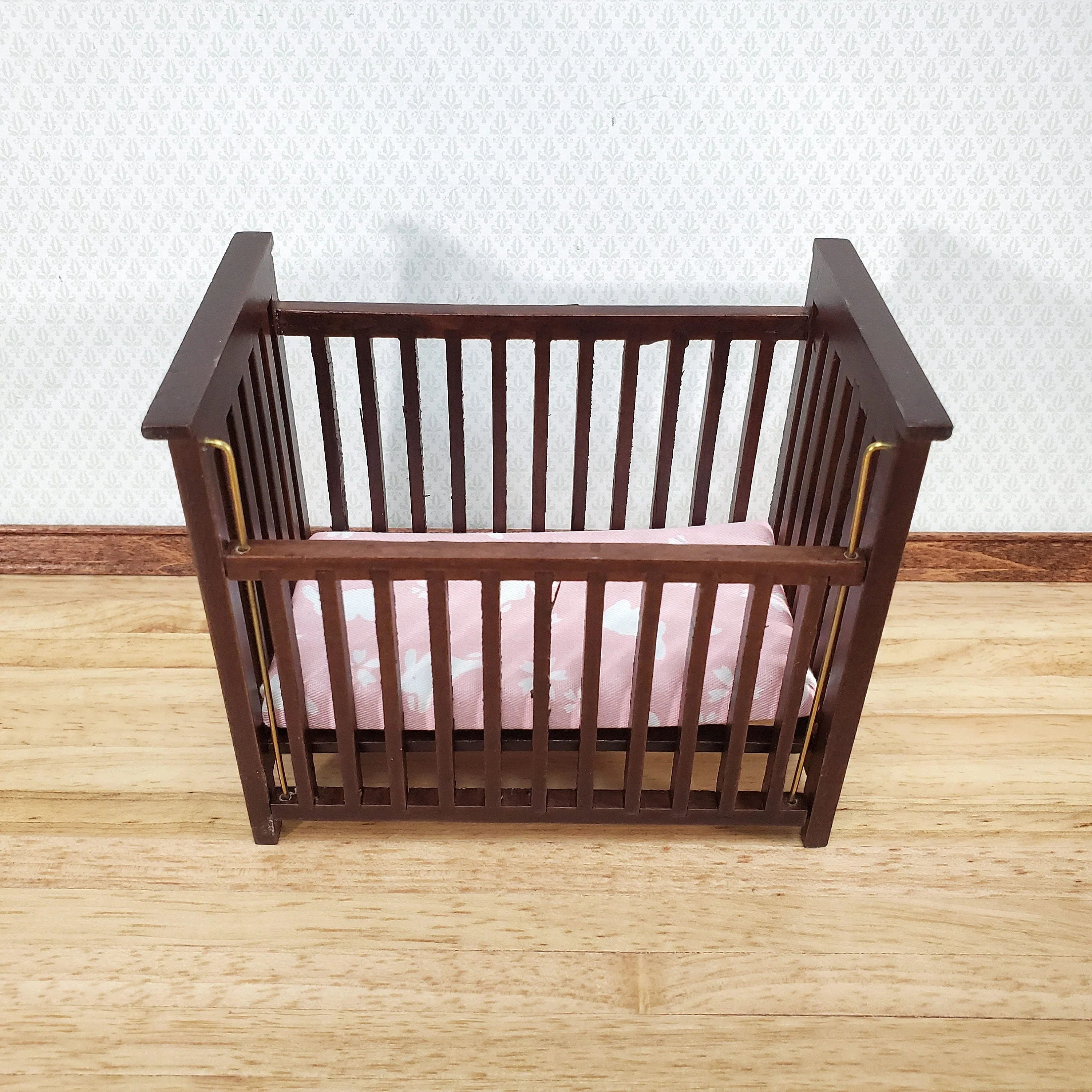 Dollhouse Crib Wood Drop Side Dark Walnut 1:12 Scale Miniature Nursery Furniture - Image 2