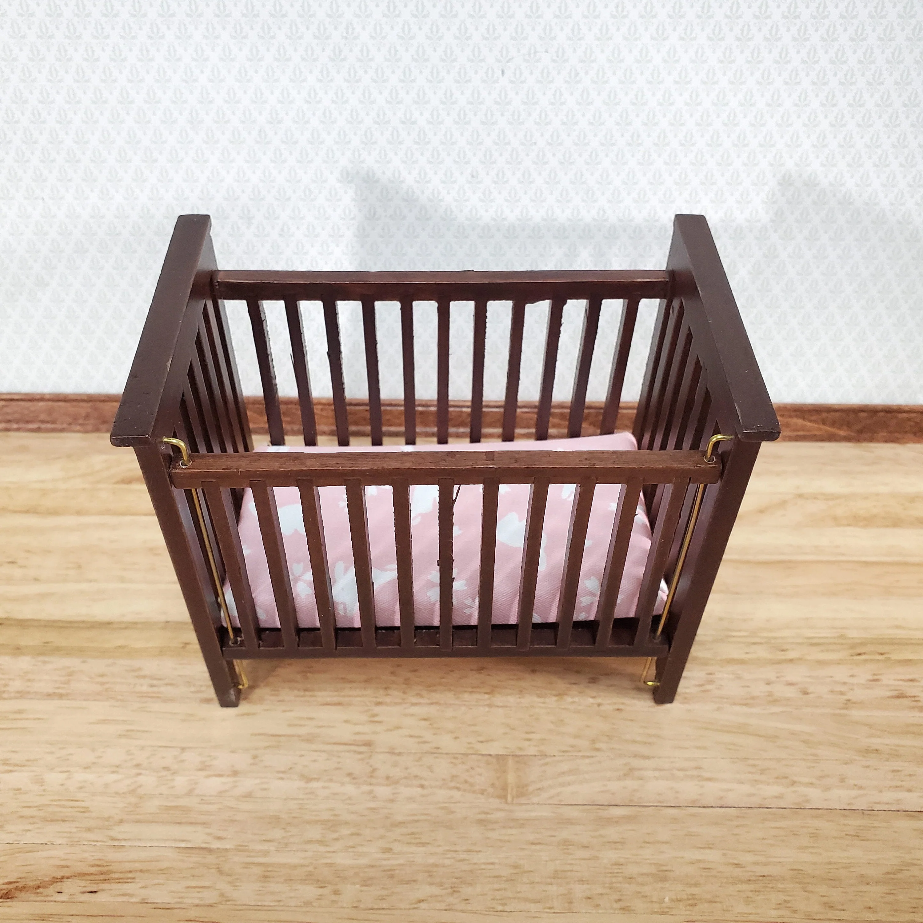 Dollhouse Crib Wood Drop Side Dark Walnut 1:12 Scale Miniature Nursery Furniture - Image 3