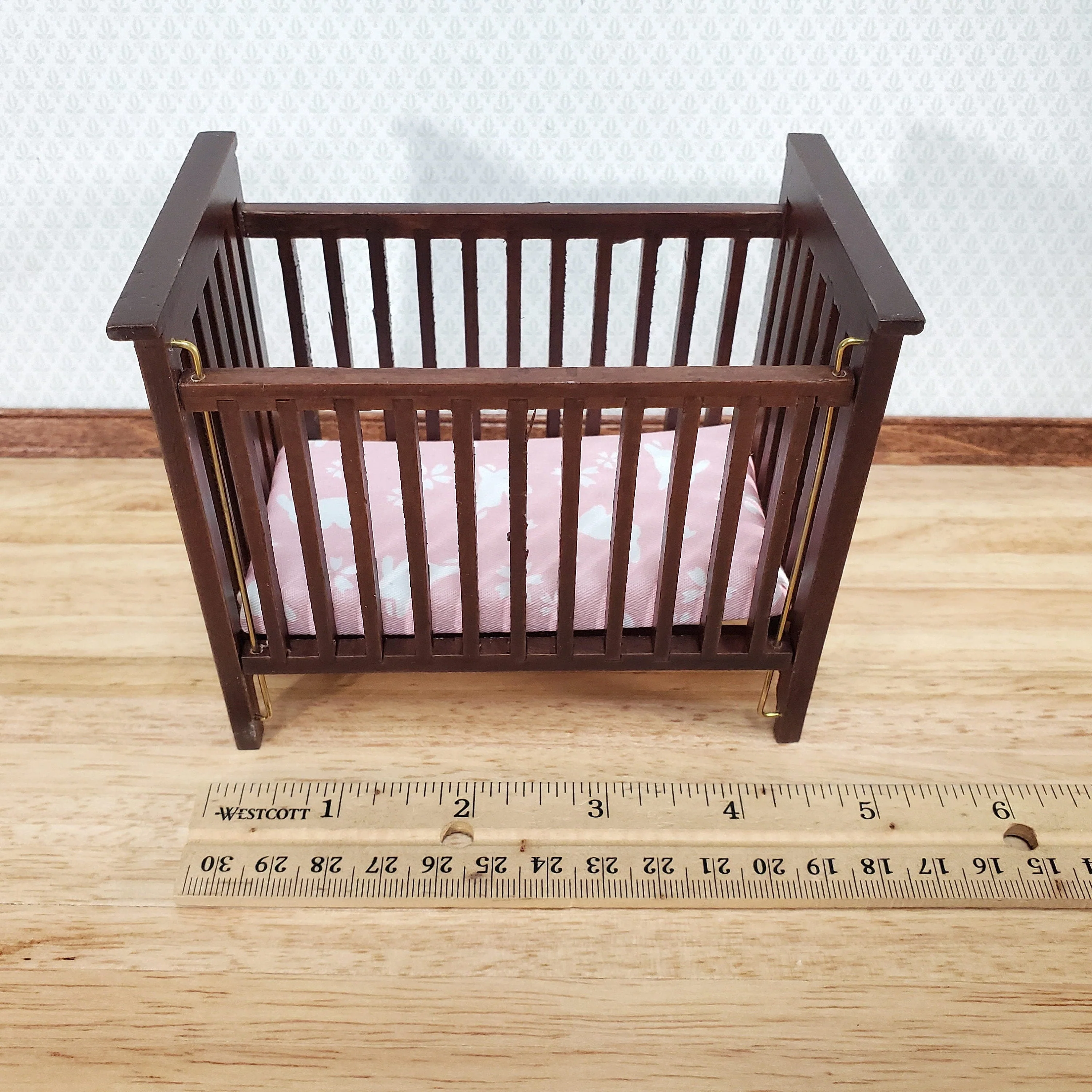 Dollhouse Crib Wood Drop Side Dark Walnut 1:12 Scale Miniature Nursery Furniture - Image 4