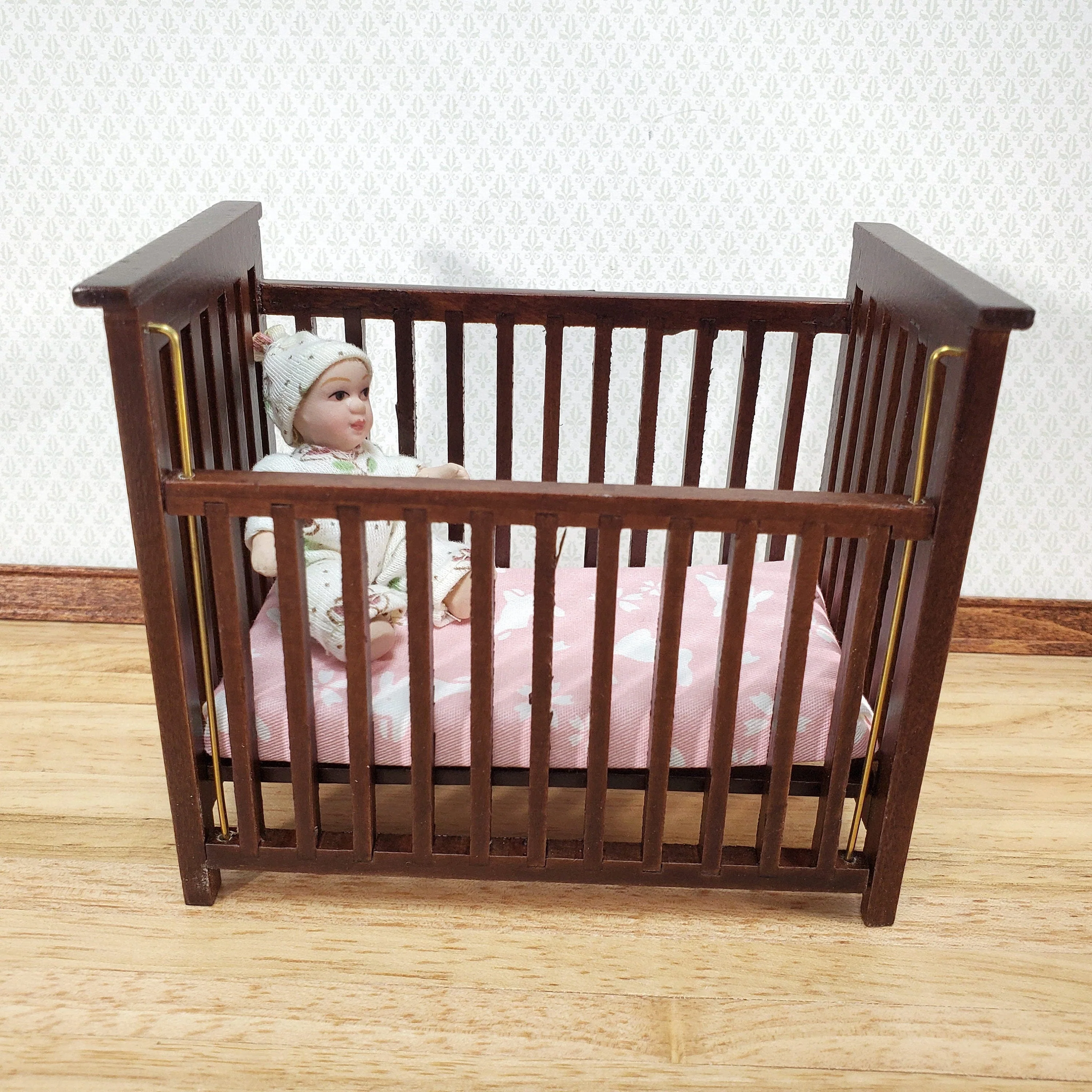 Dollhouse Crib Wood Drop Side Dark Walnut 1:12 Scale Miniature Nursery Furniture - Image 6