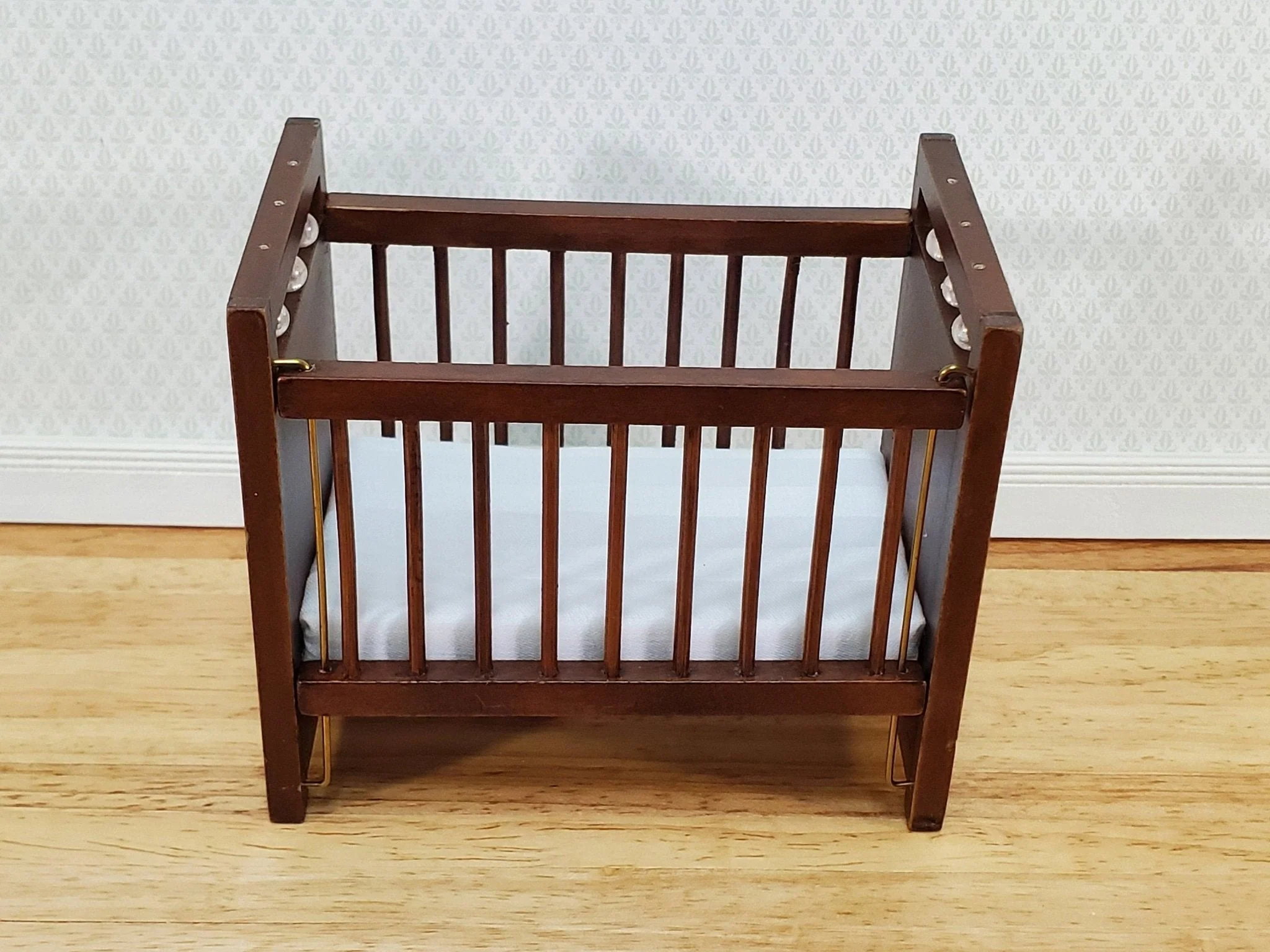 Dollhouse Crib Wood Drop Side Walnut Finish 1:12 Scale Miniature Nursery Furniture - Image 3