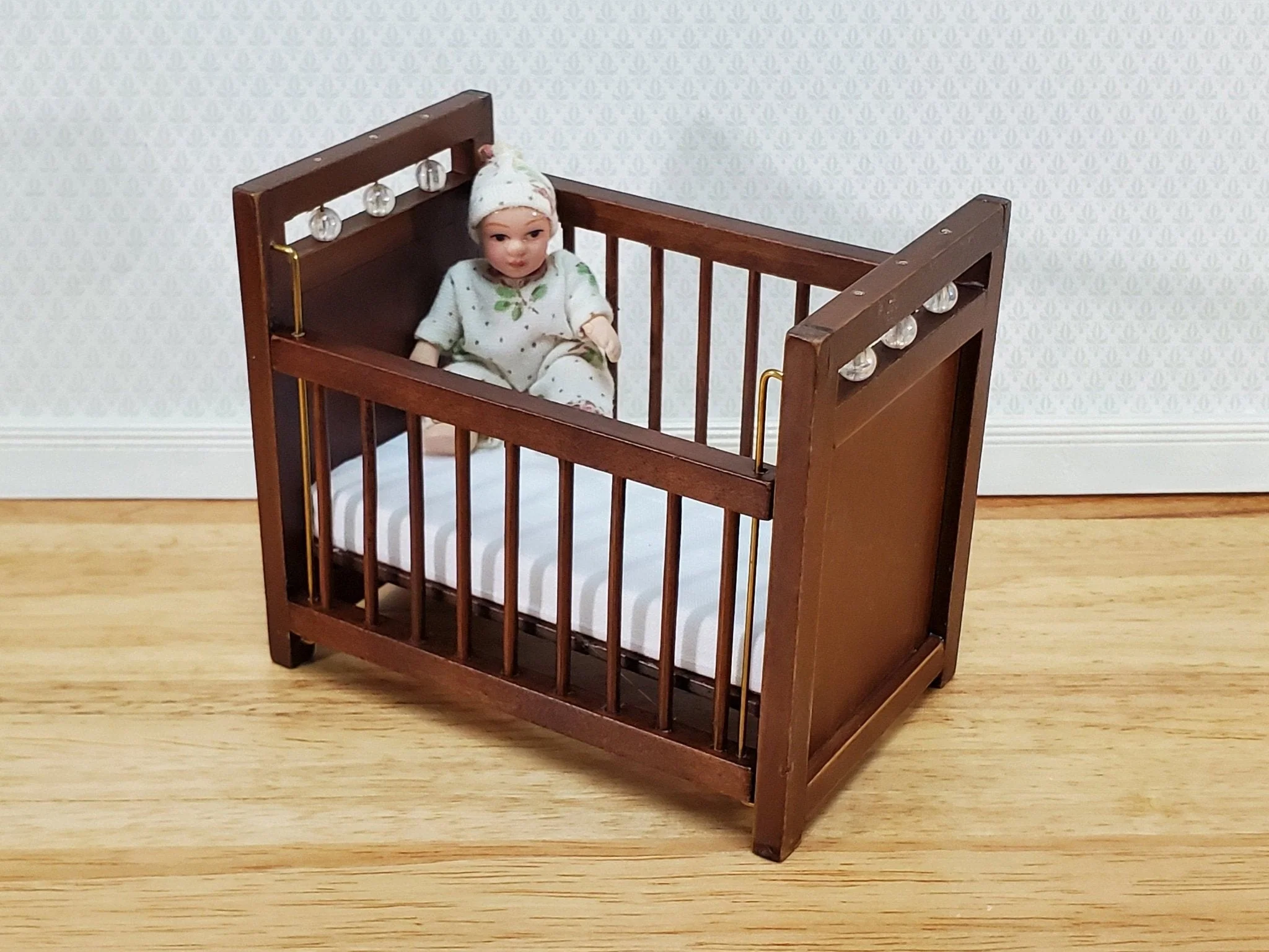 Dollhouse Crib Wood Drop Side Walnut Finish 1:12 Scale Miniature Nursery Furniture - Image 4