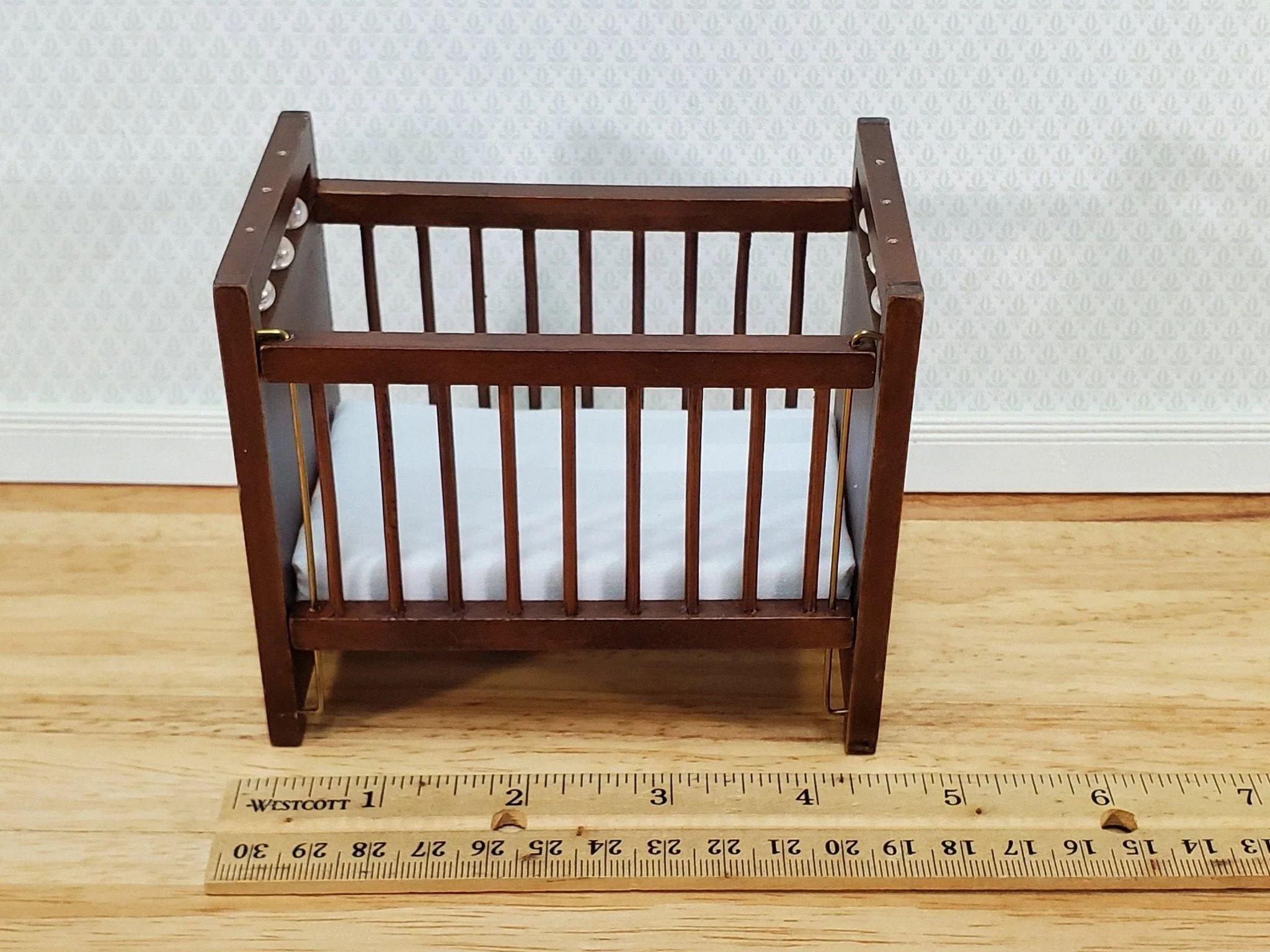 Dollhouse Crib Wood Drop Side Walnut Finish 1:12 Scale Miniature Nursery Furniture - Image 5