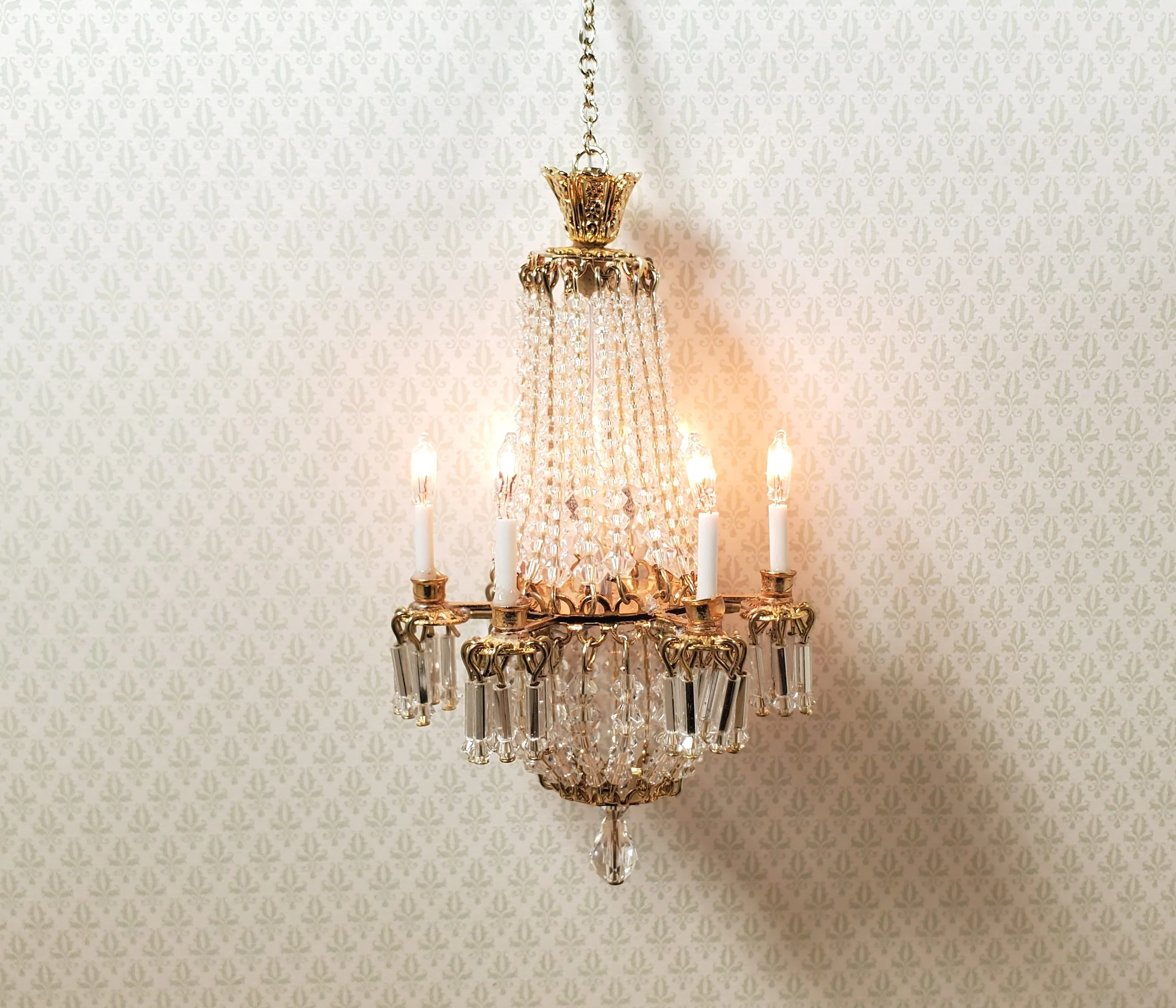 Dollhouse Crystal Chandelier Grand 6 Arm Real Glass 12 Volt 1:12 Scale Miniature