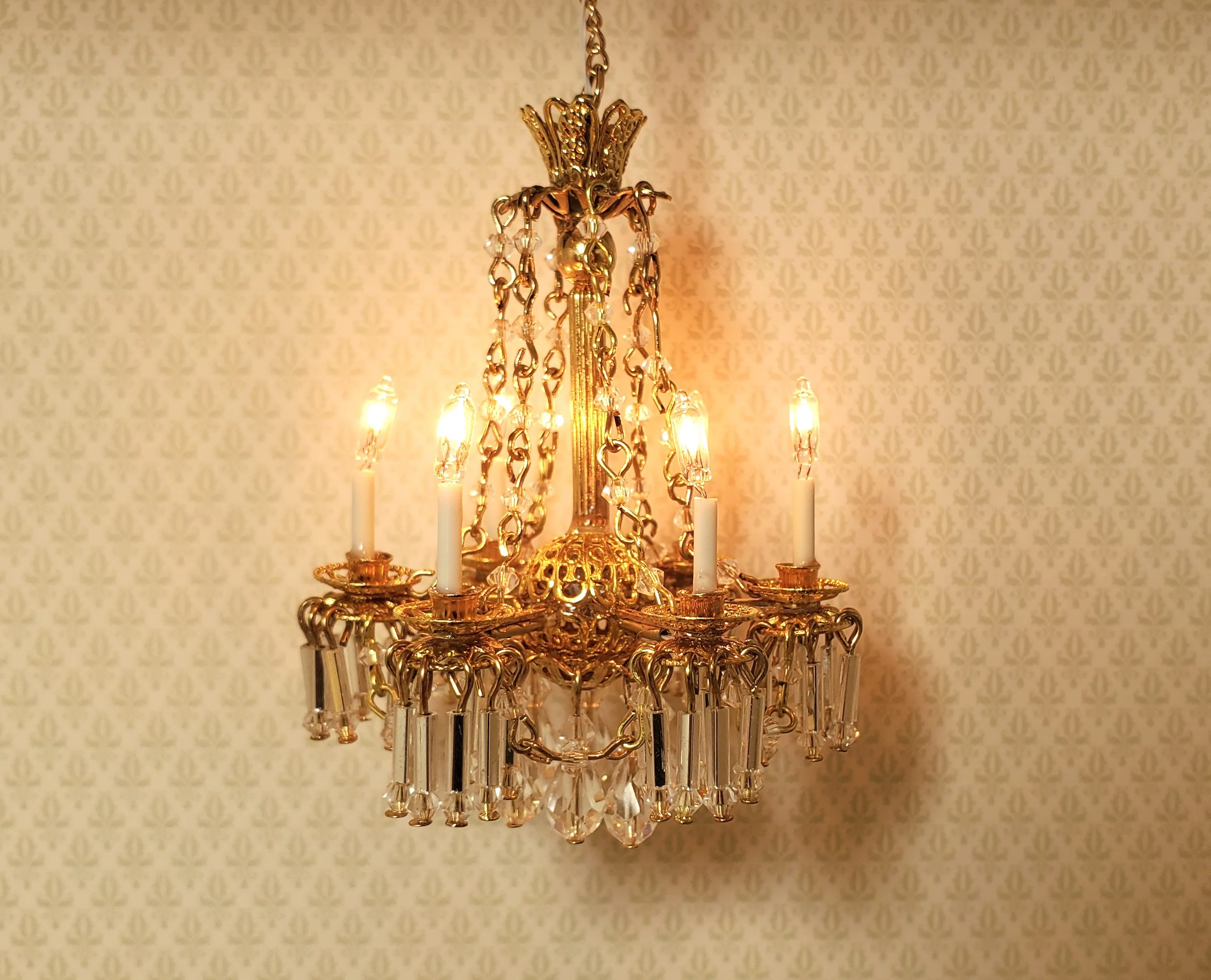 Dollhouse Crystal Chandelier with Drapes 6 Arm Real Glass 12 Volt 1:12 Scale - Image 5