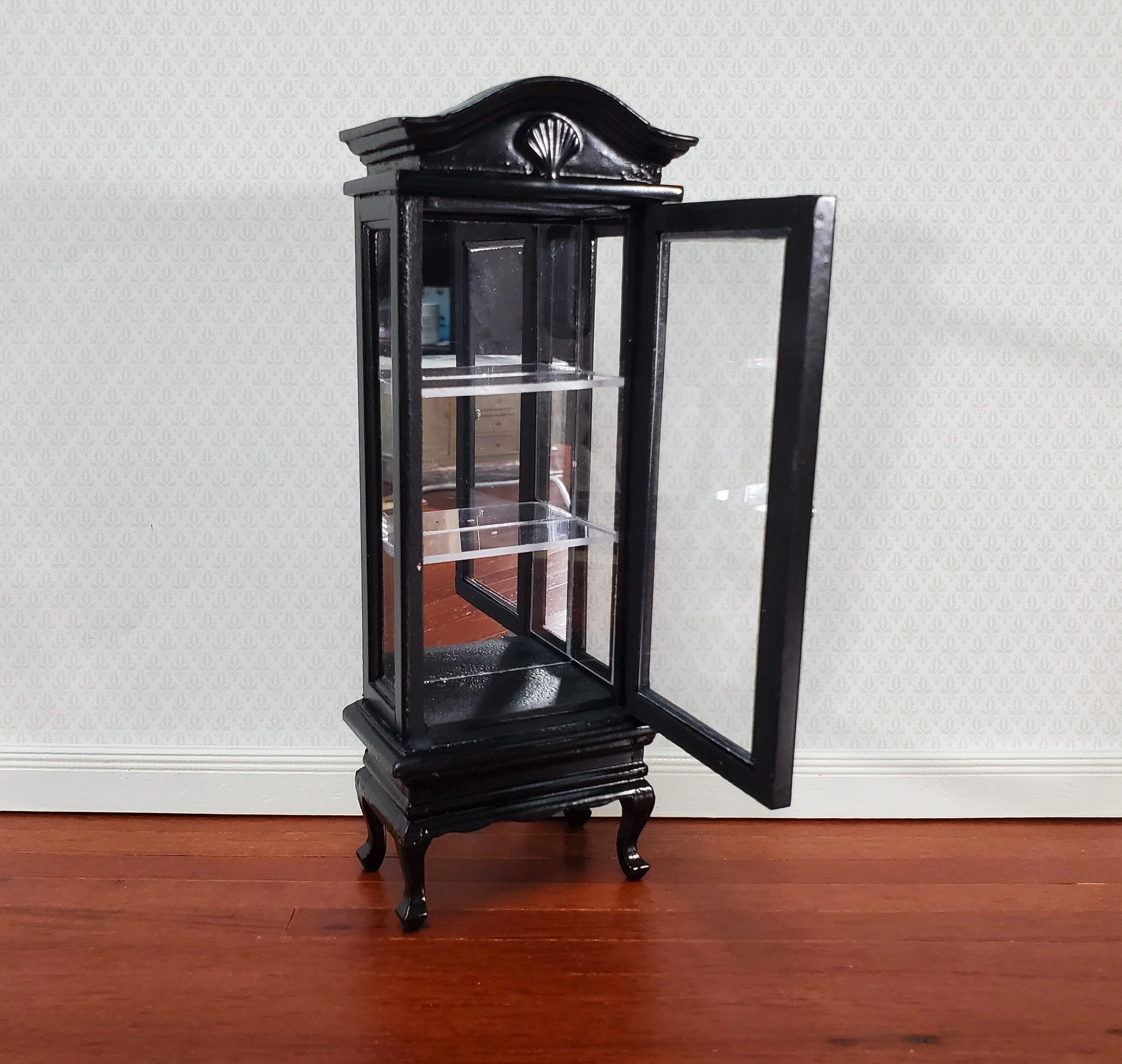 Dollhouse Curio Cabinet Mirrored Back Hutch Black Finish 1:12 Scale Miniature Furniture - Image 3