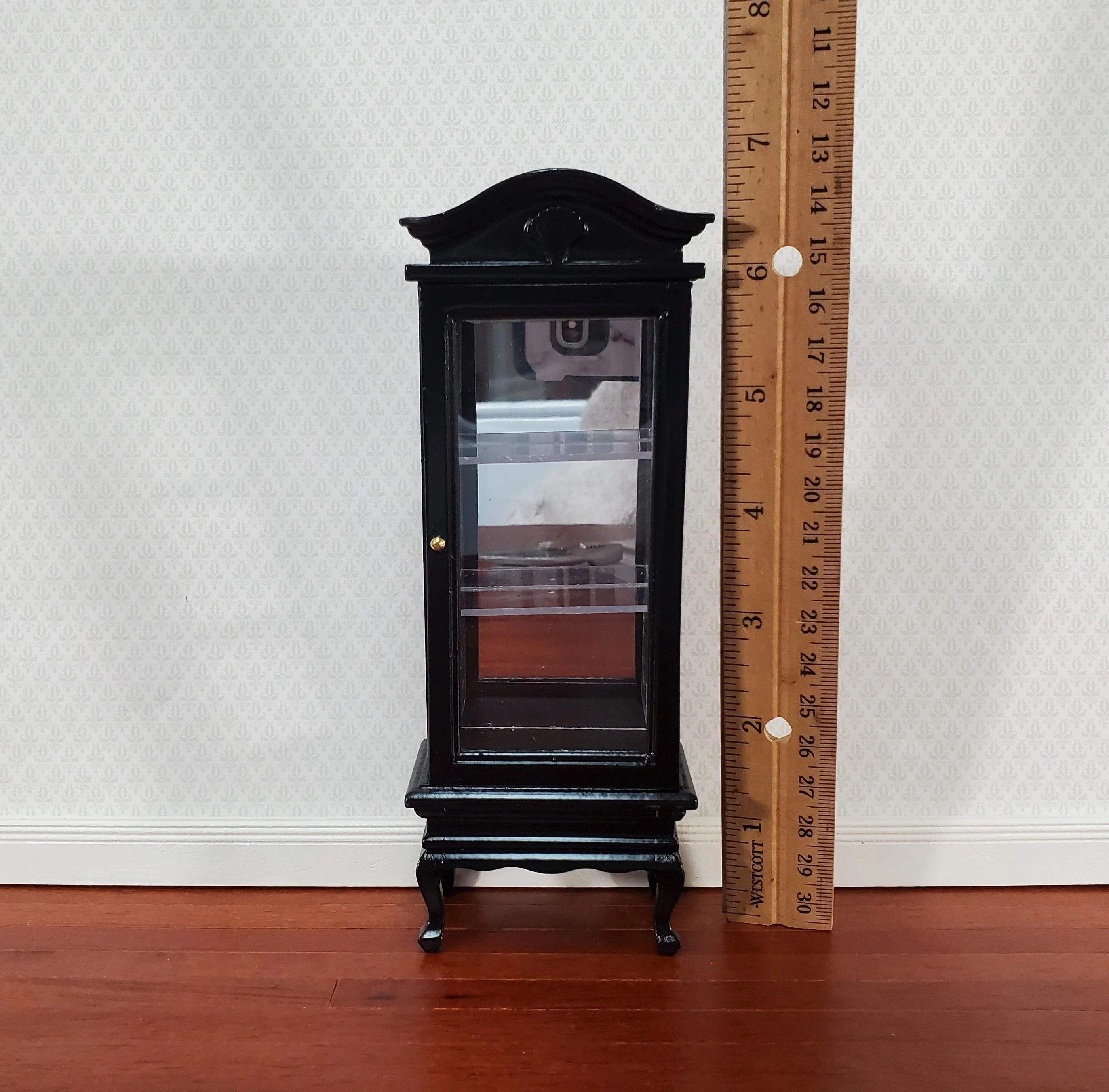 Dollhouse Curio Cabinet Mirrored Back Hutch Black Finish 1:12 Scale Miniature Furniture - Image 4