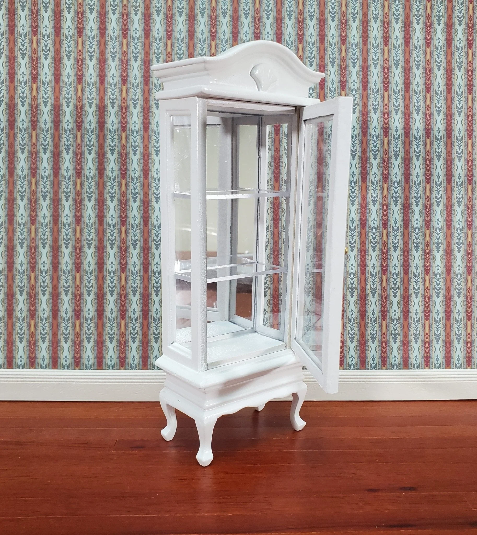 Dollhouse Curio Cabinet Mirrored Back Hutch White Finish 1:12 Scale Miniature Furniture - Image 3