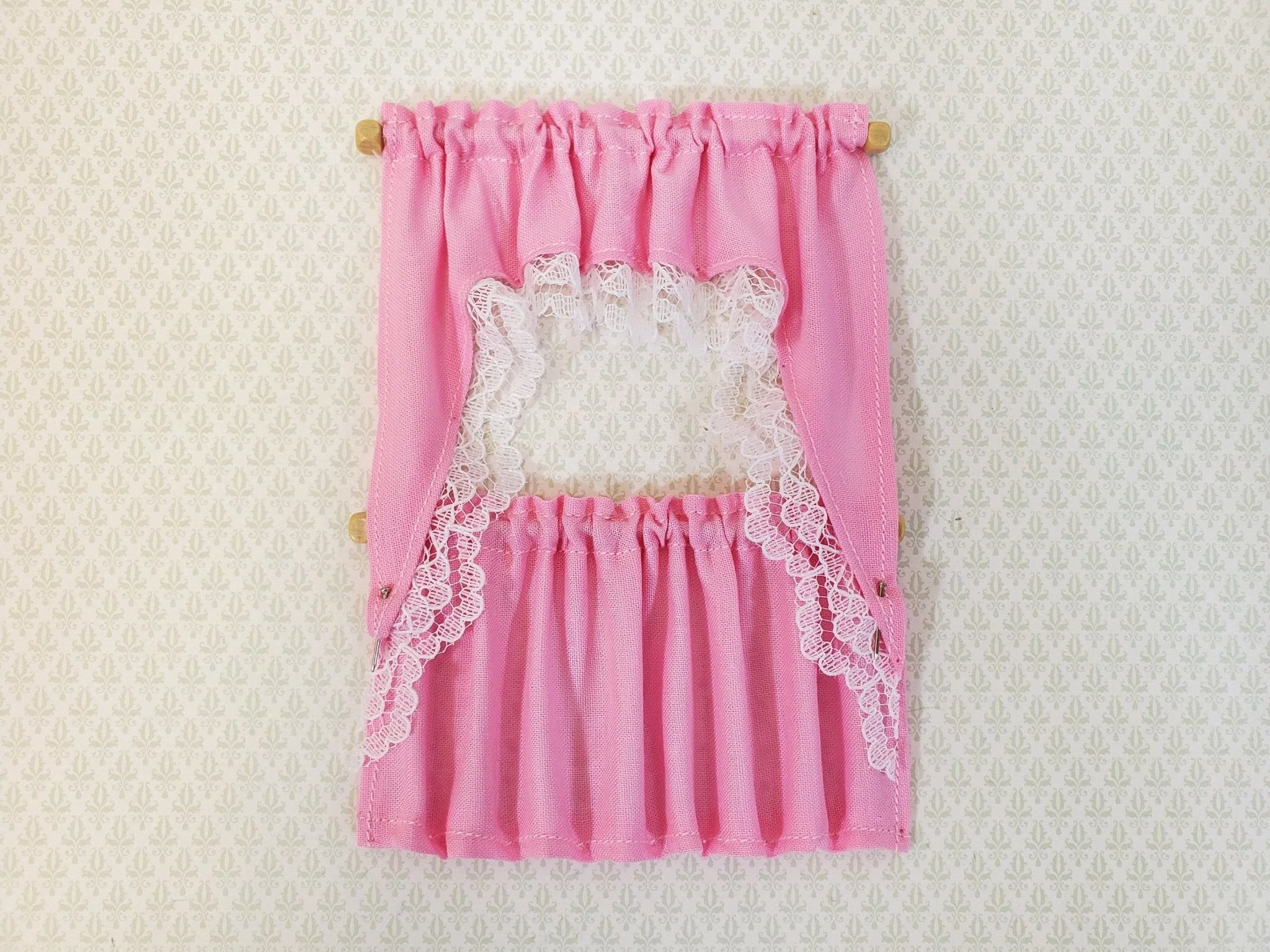 Dollhouse Curtains Cafe Style PINK with White Lace Wood Curtain Rod 1:12 Scale