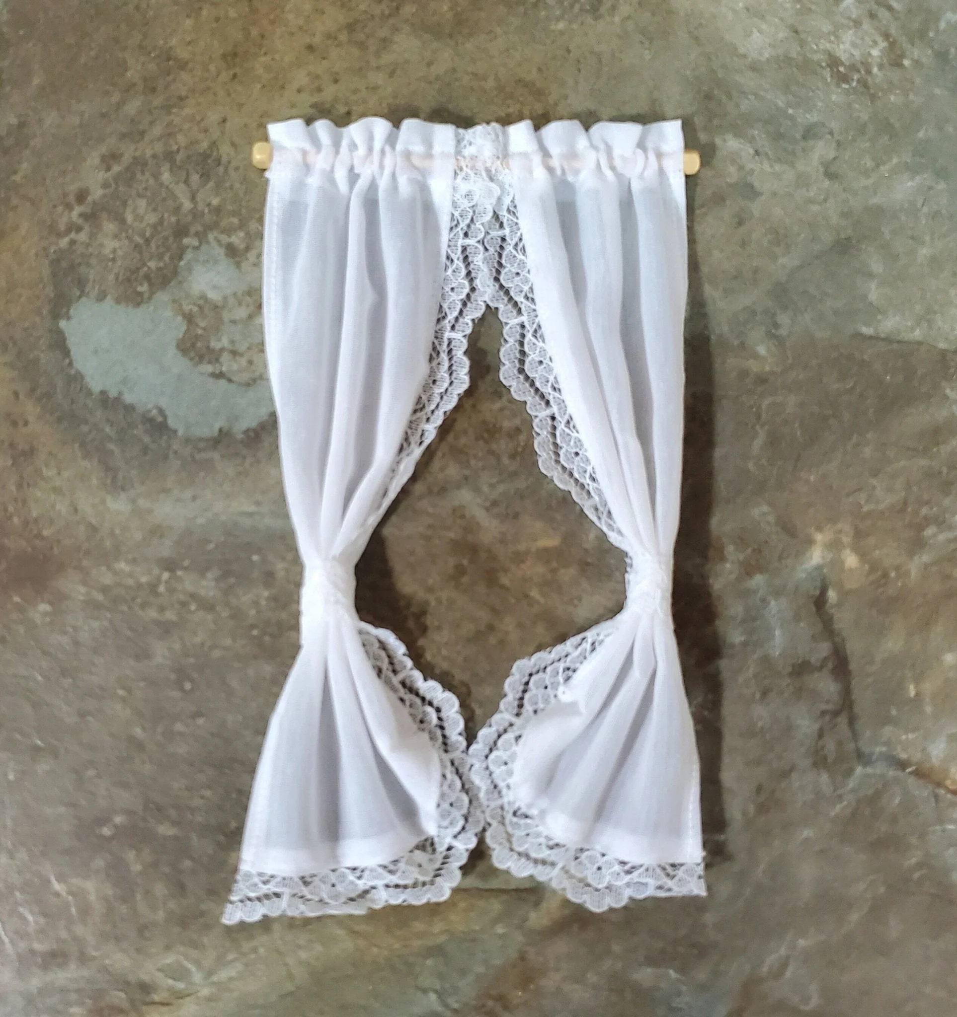 Dollhouse Curtains Fabric & Lace White Tie Back with Curtain Rod 1:12 Scale Miniatures