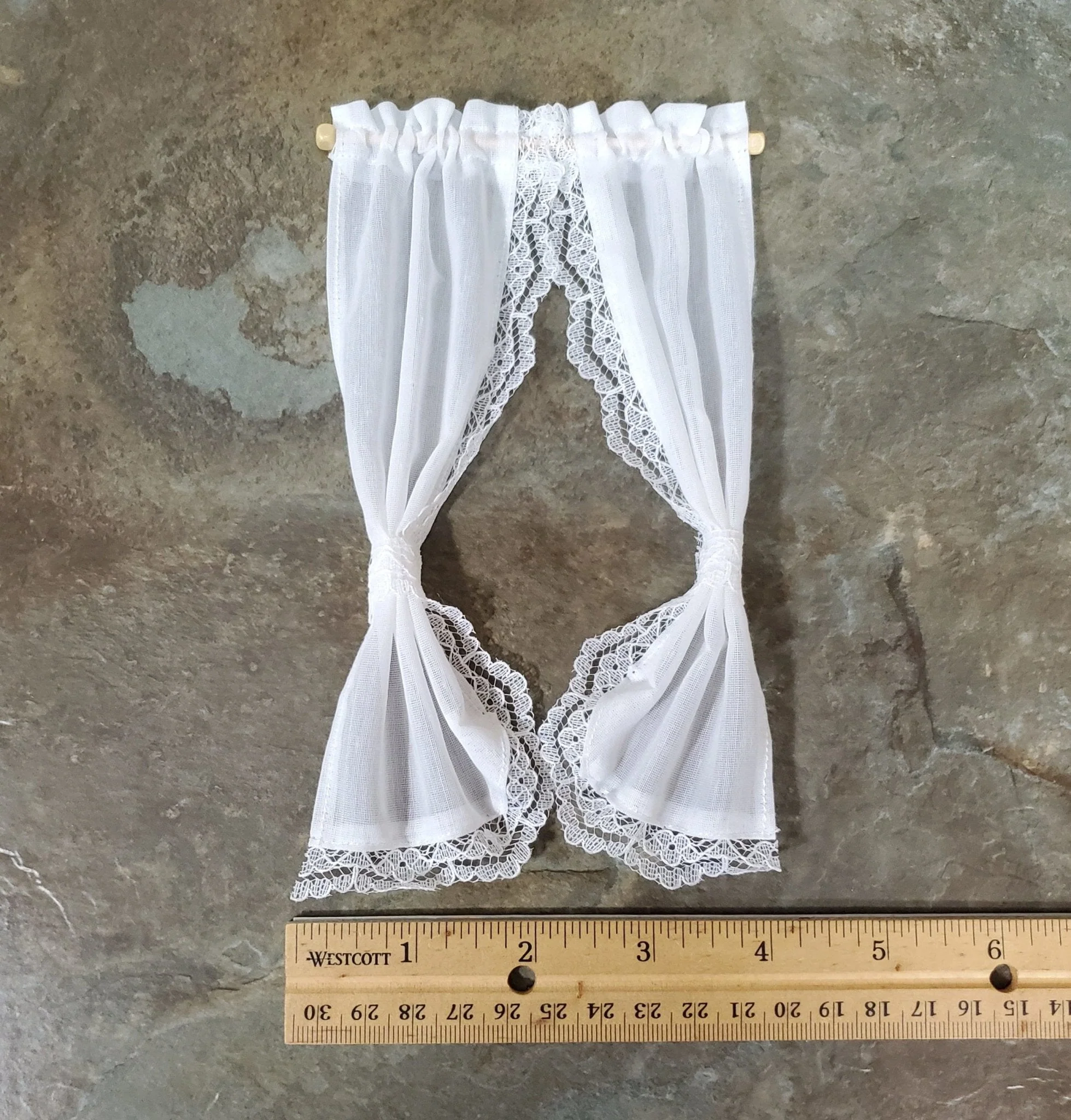 Dollhouse Curtains Fabric & Lace White Tie Back with Curtain Rod 1:12 Scale Miniatures - Image 3