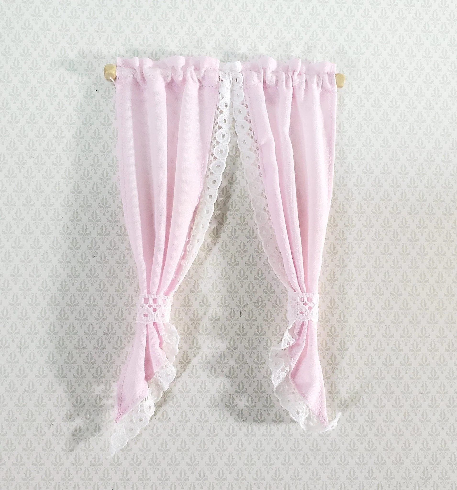 Dollhouse Curtains Light Pink with Lace & Curtain Rod 1:12 Scale Miniature Handmade