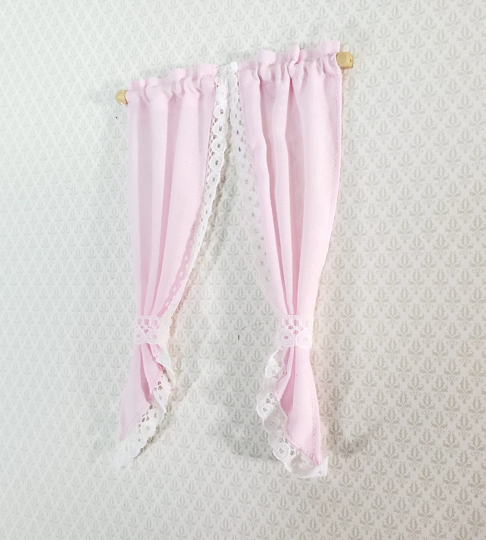 Dollhouse Curtains Light Pink with Lace & Curtain Rod 1:12 Scale Miniature Handmade - Image 2
