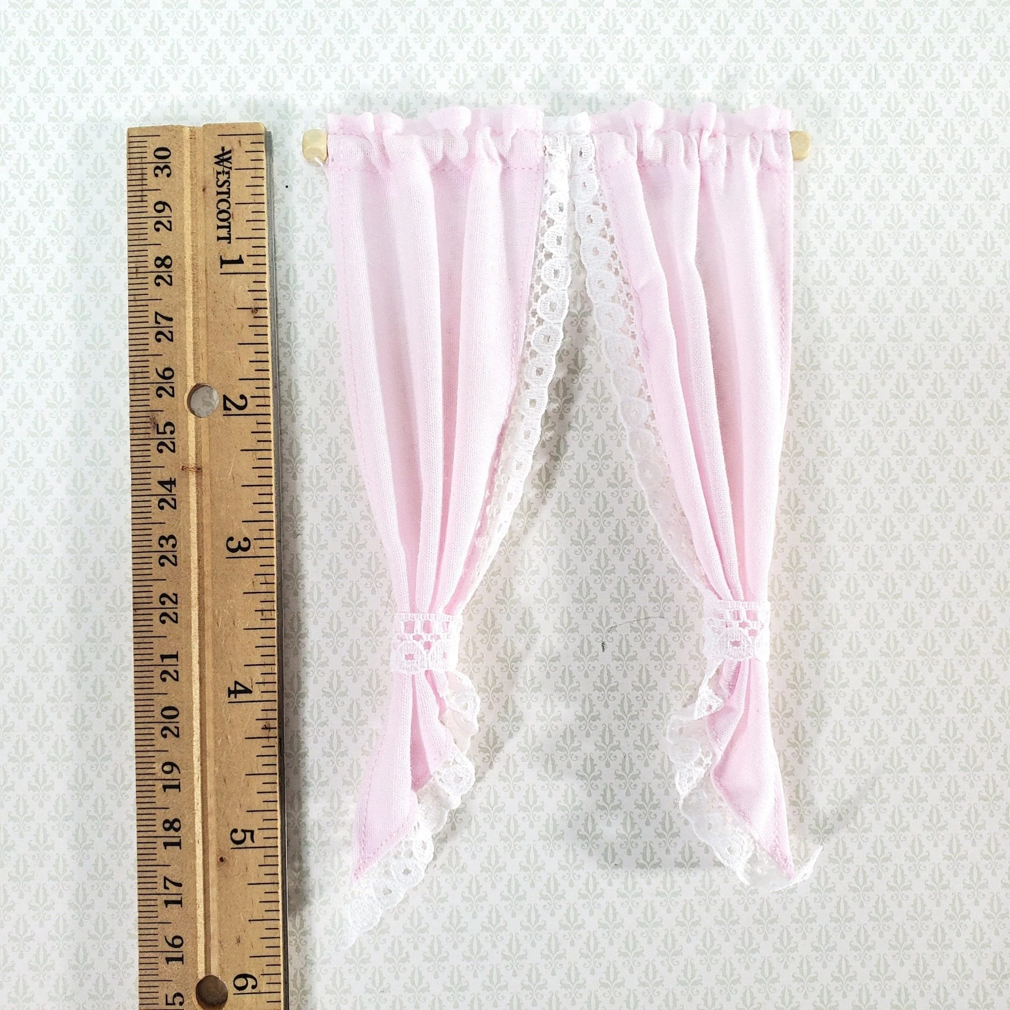 Dollhouse Curtains Light Pink with Lace & Curtain Rod 1:12 Scale Miniature Handmade - Image 3
