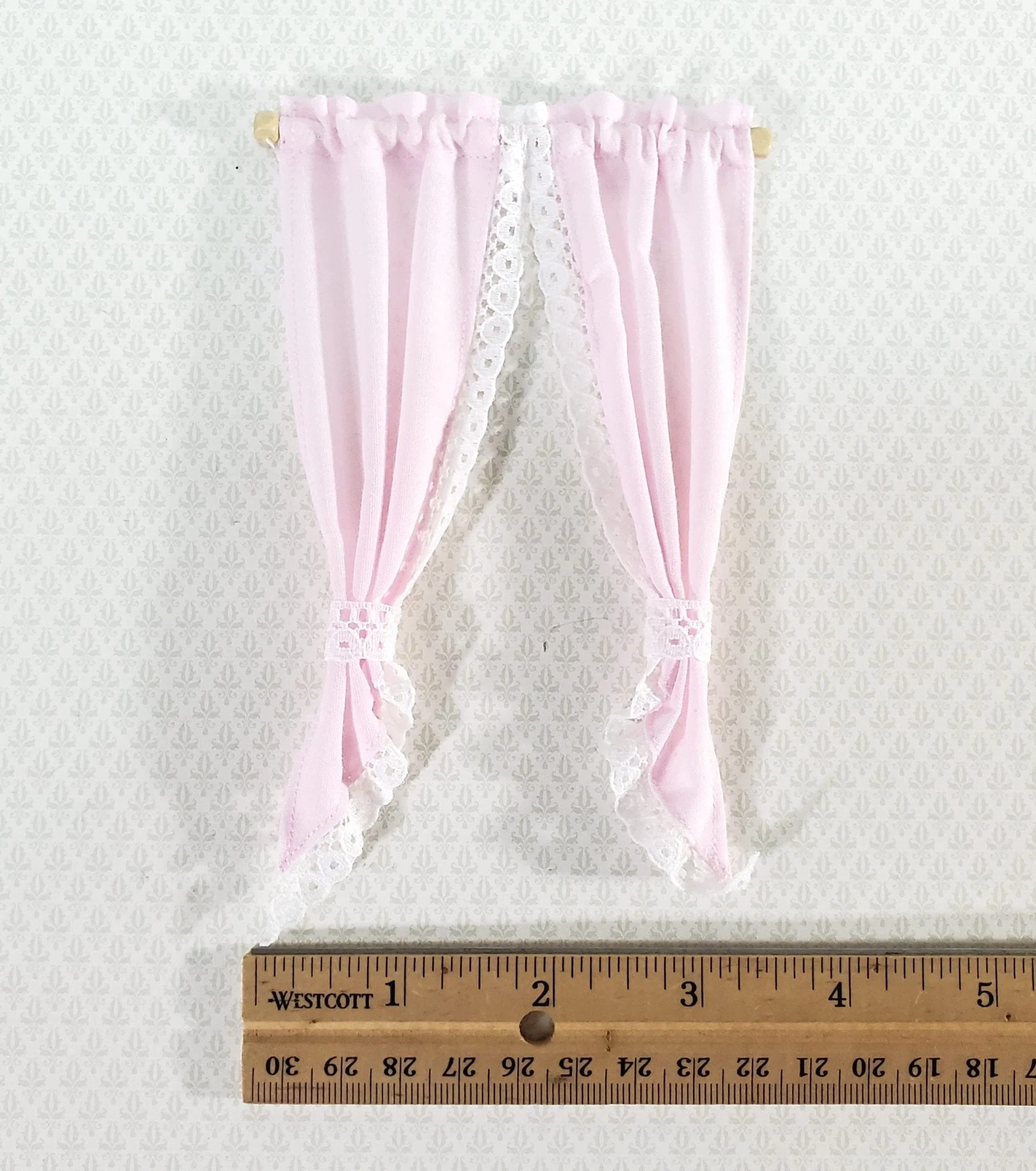 Dollhouse Curtains Light Pink with Lace & Curtain Rod 1:12 Scale Miniature Handmade - Image 4