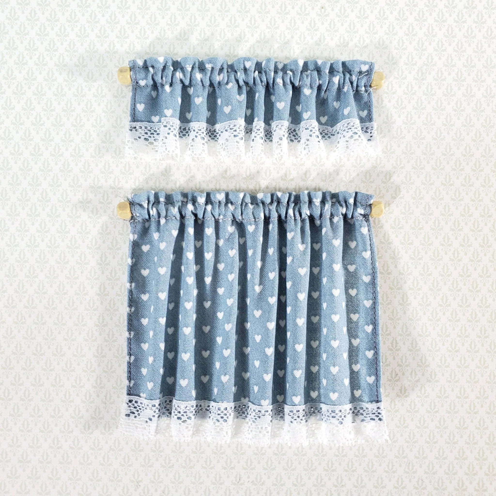 Dollhouse Curtains Nursery or Kitchen Blue with White Hearts 1:12 Scale Miniature