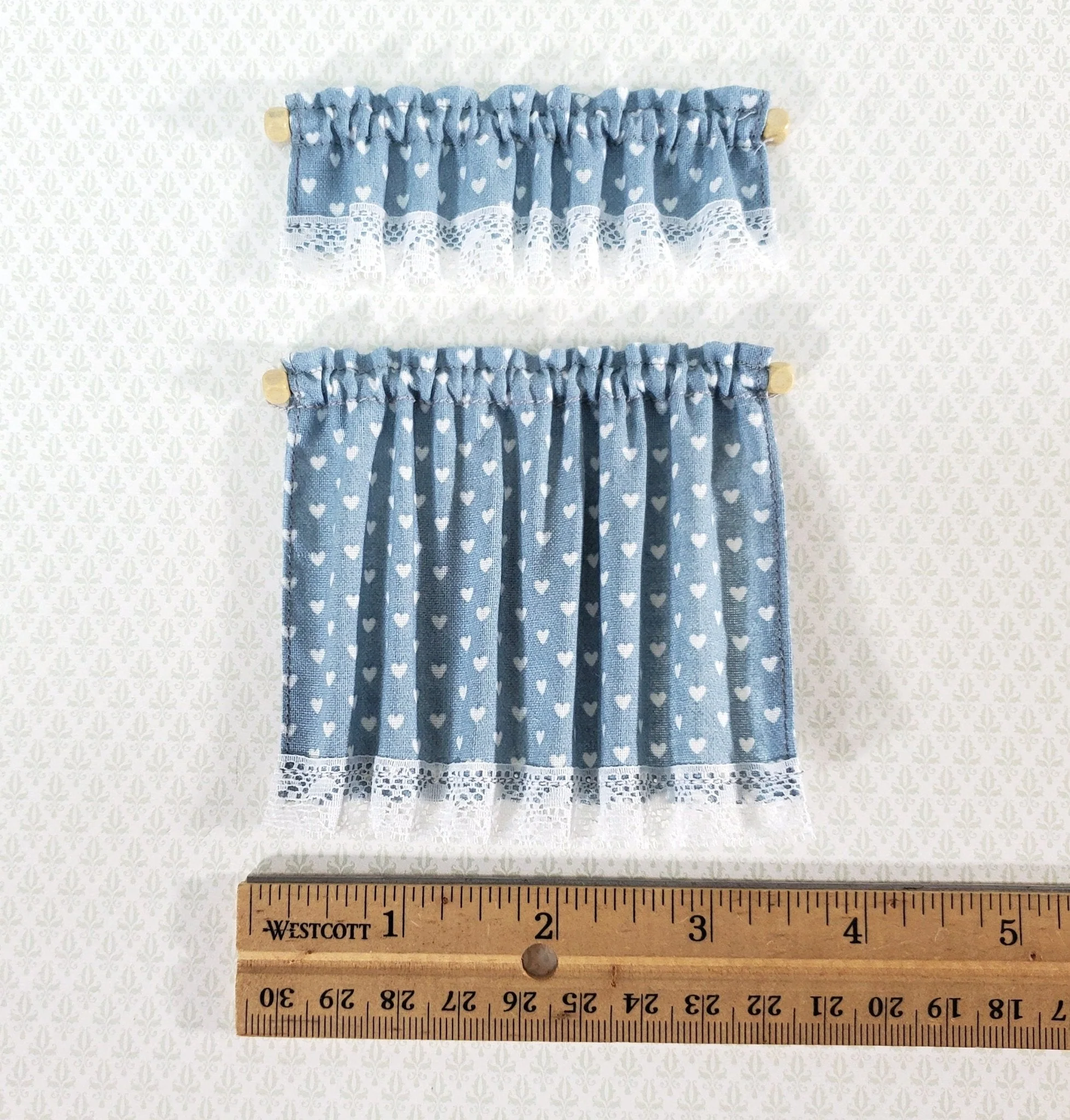 Dollhouse Curtains Nursery or Kitchen Blue with White Hearts 1:12 Scale Miniature - Image 4