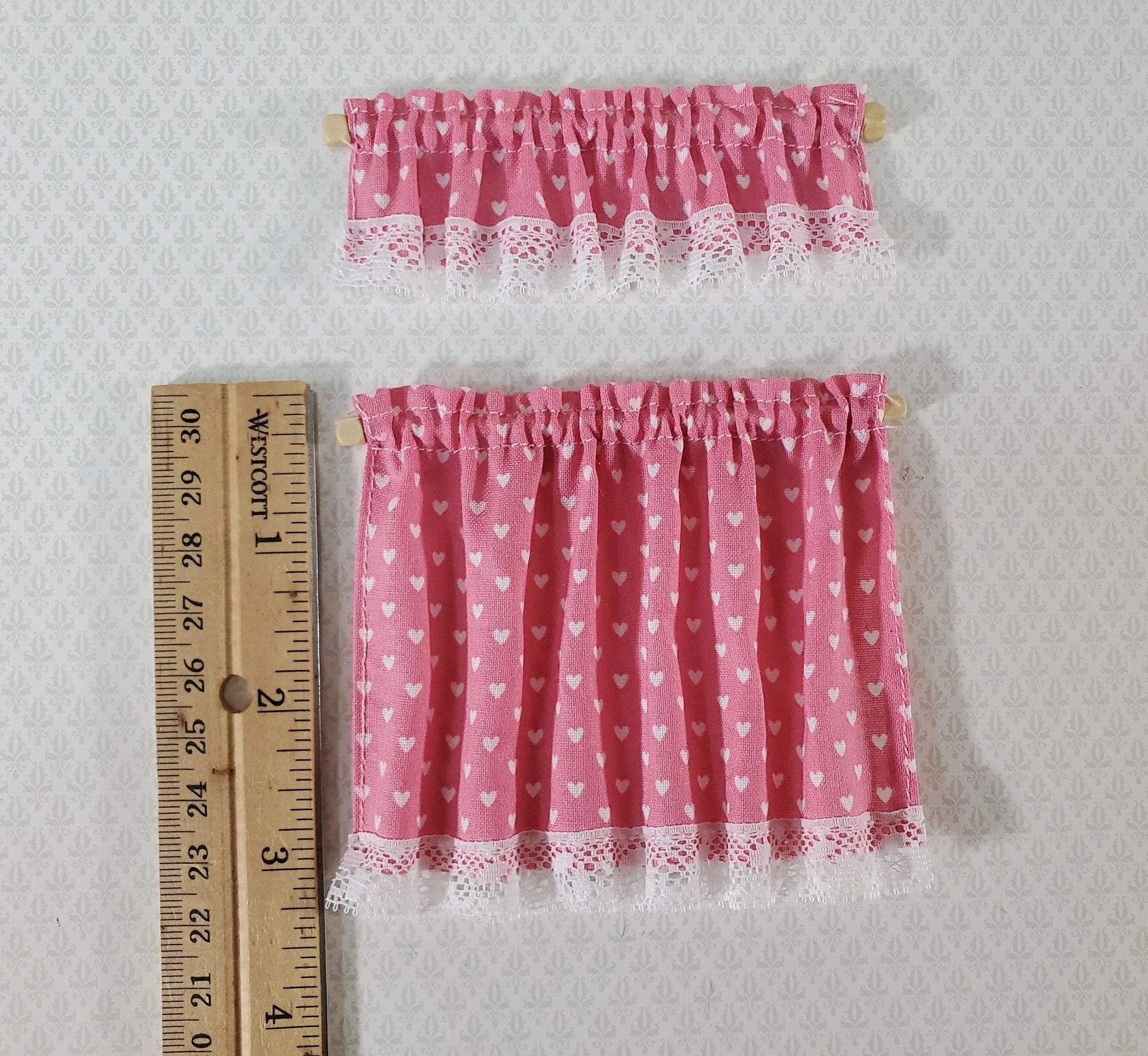 Dollhouse Curtains Nursery or Kitchen Pink with White Hearts 1:12 Scale Miniature - Image 3