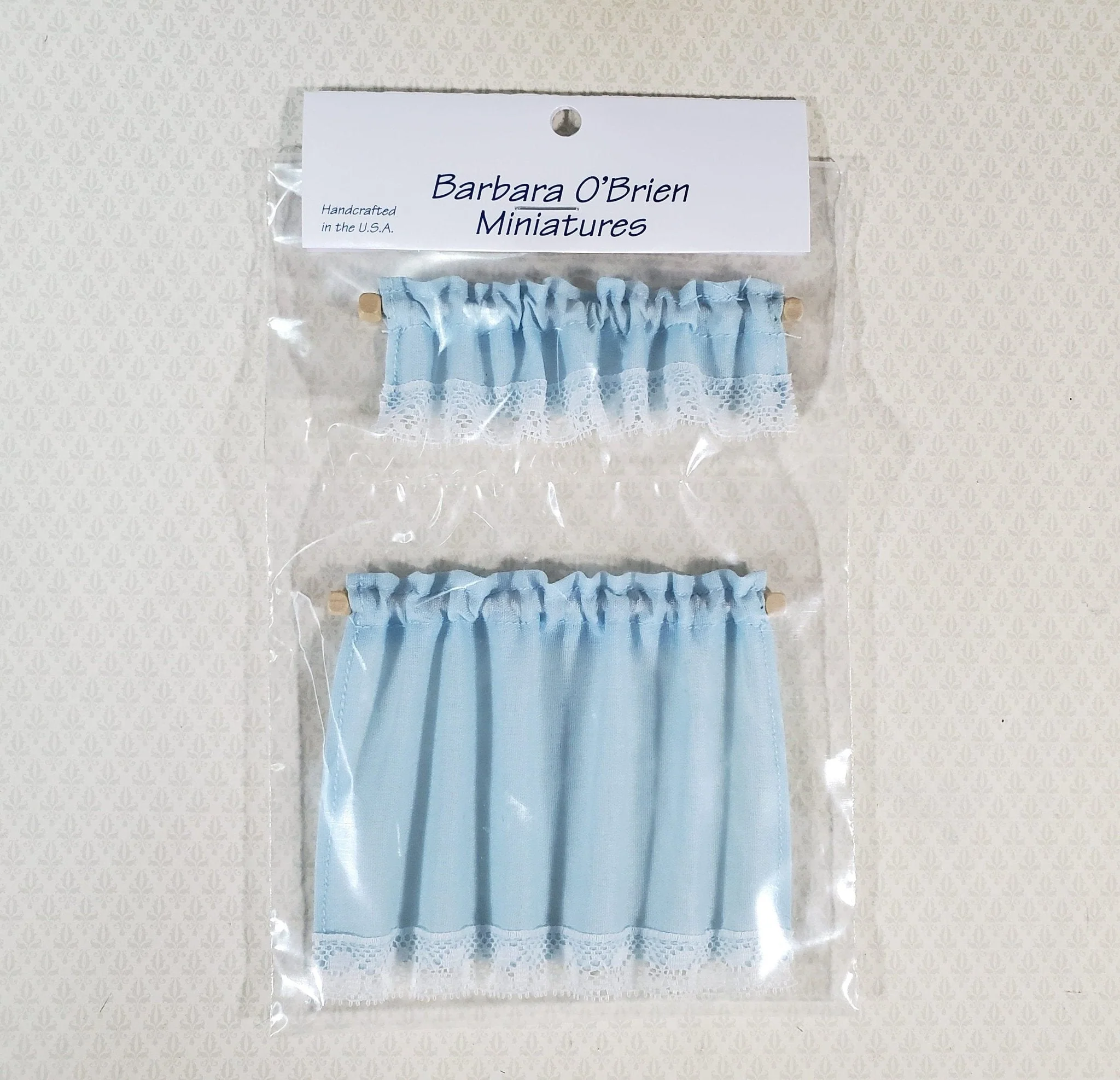 Dollhouse Curtains & Valance Blue with Lace Curtain Rod 1:12 Scale Miniature