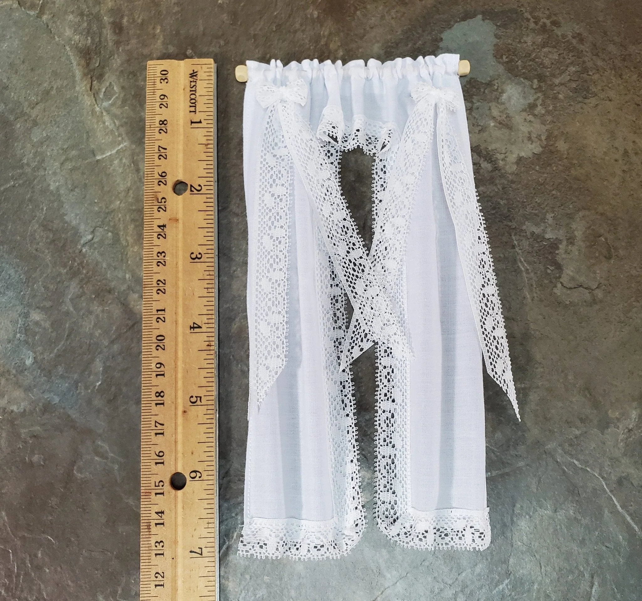 Dollhouse Curtains White Lacy with Curtain Rod 1:12 Scale Miniatures Handmade - Image 2