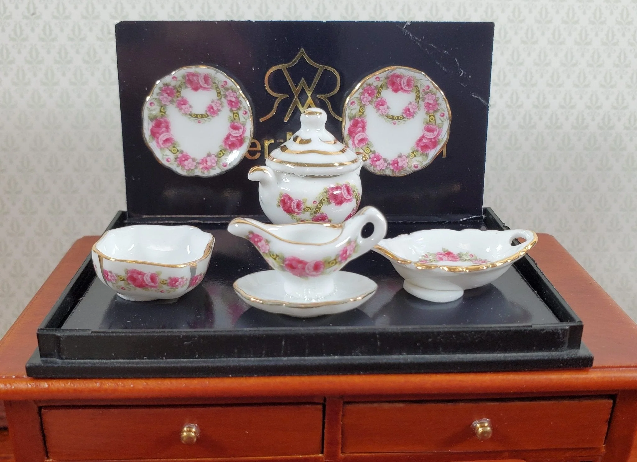 Dollhouse Dinner Set Reutter Porcelain Rose Design 1:12 Scale Plates Bowls ++