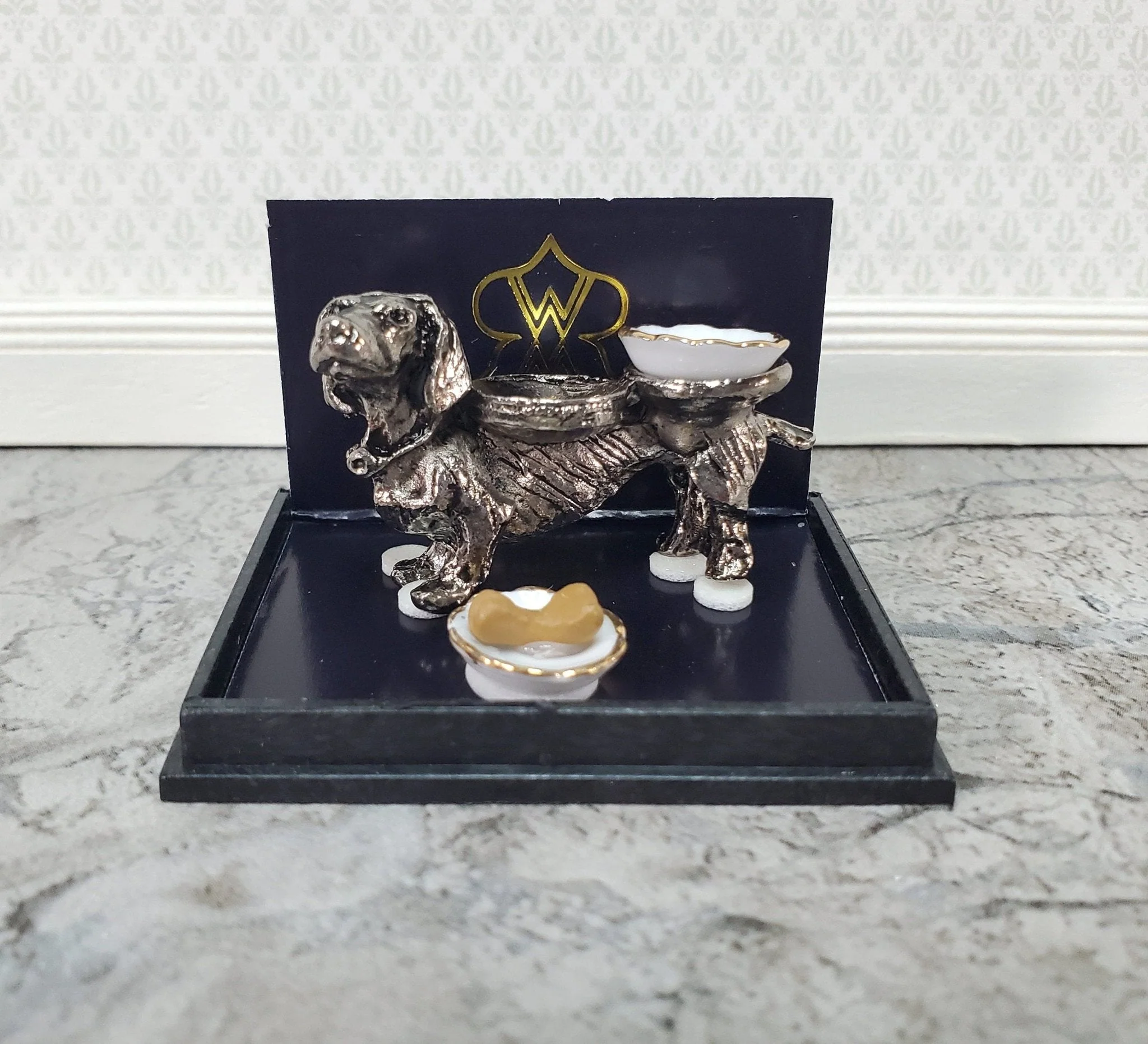 Dollhouse Dog Food Bowls Silver Dachshund Reutter Porcelain 1:12 Scale Miniature - Image 3
