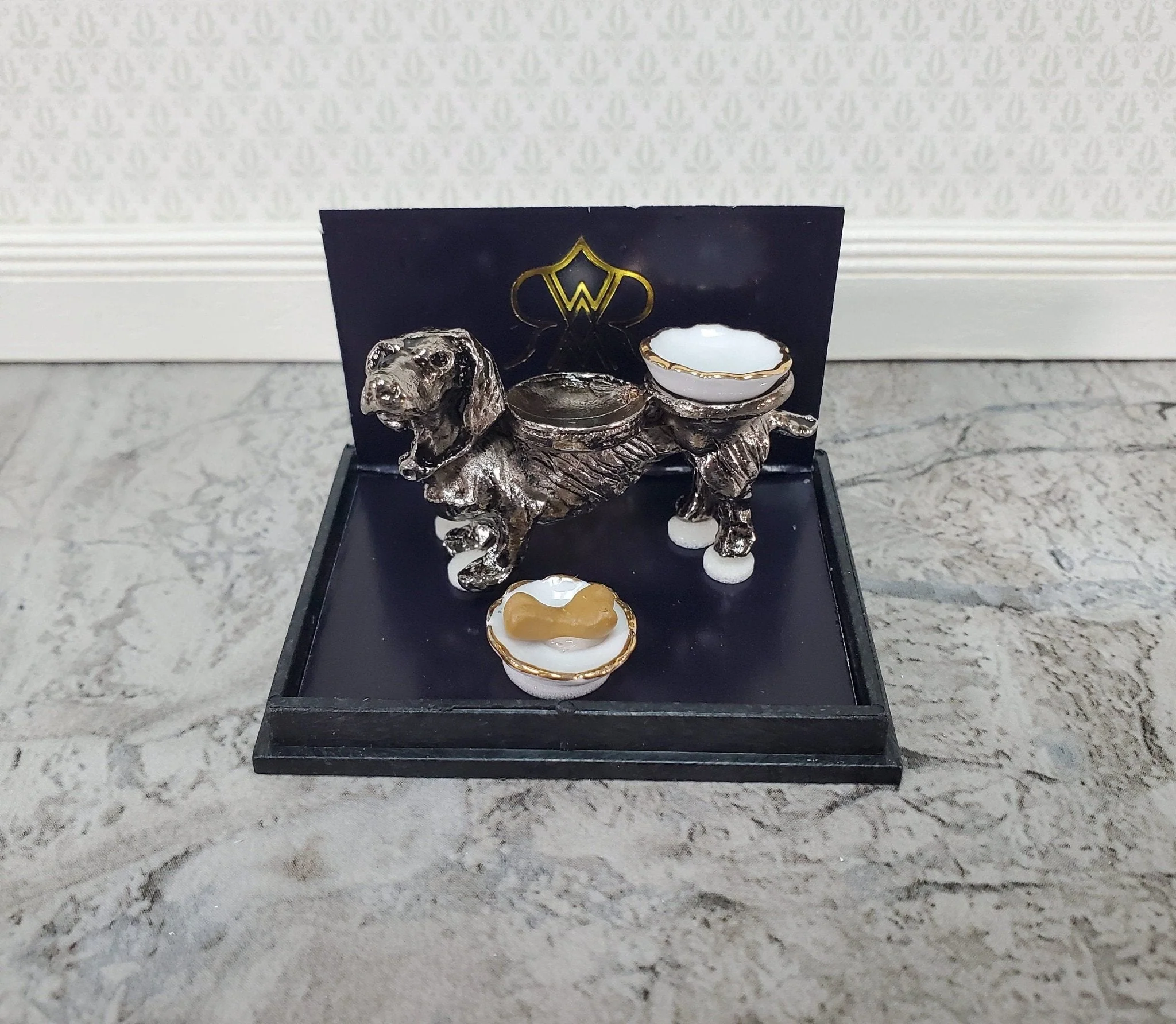 Dollhouse Dog Food Bowls Silver Dachshund Reutter Porcelain 1:12 Scale Miniature - Image 4