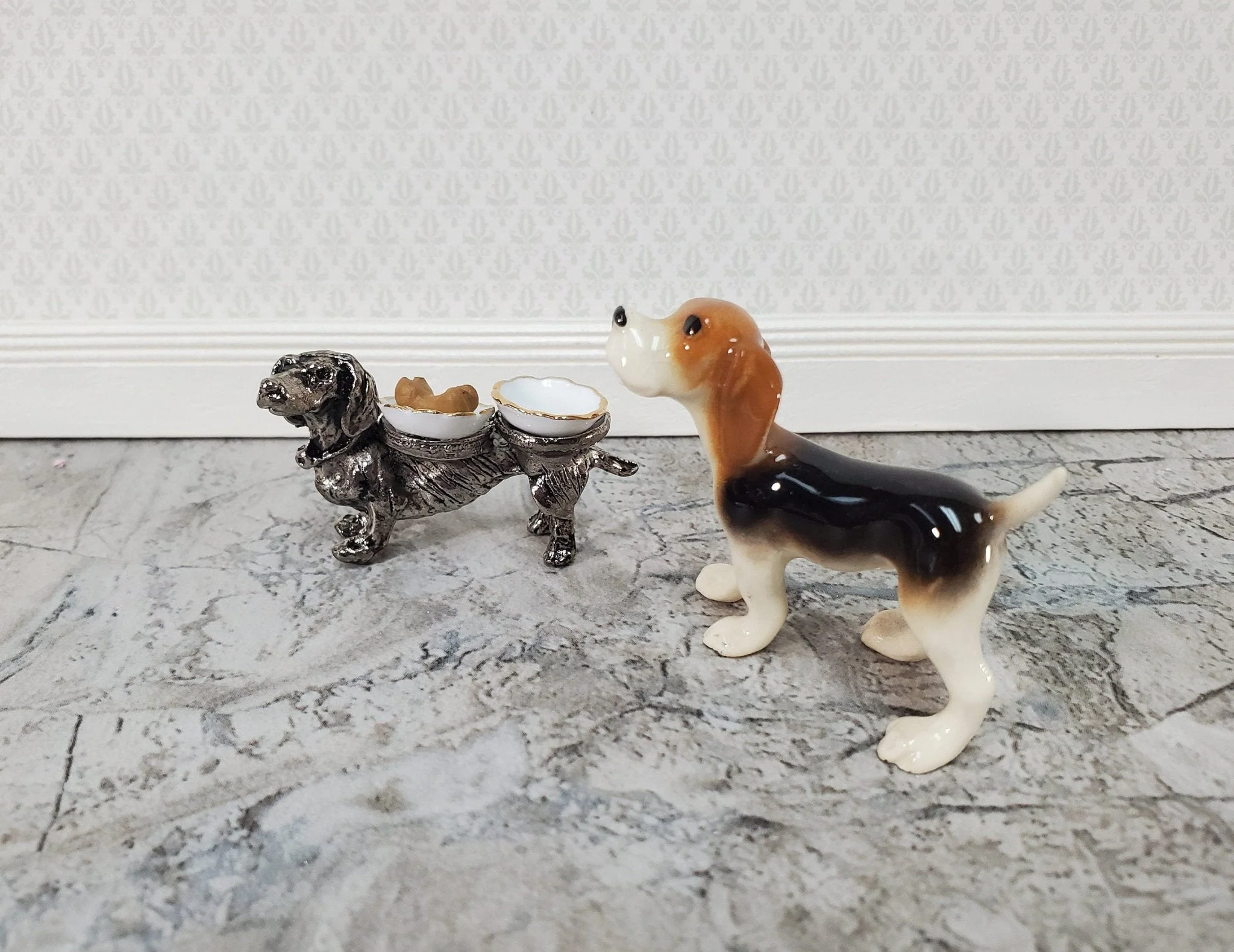 Dollhouse Dog Food Bowls Silver Dachshund Reutter Porcelain 1:12 Scale Miniature - Image 6