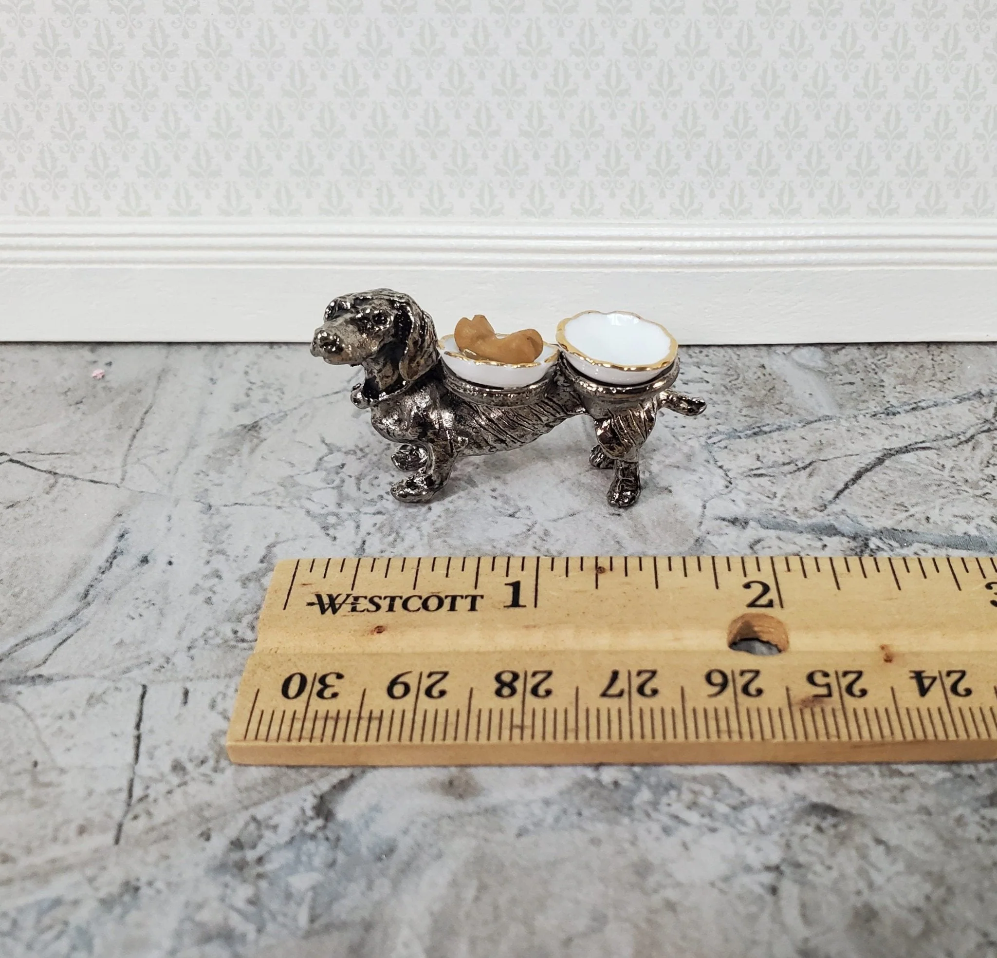 Dollhouse Dog Food Bowls Silver Dachshund Reutter Porcelain 1:12 Scale Miniature - Image 7