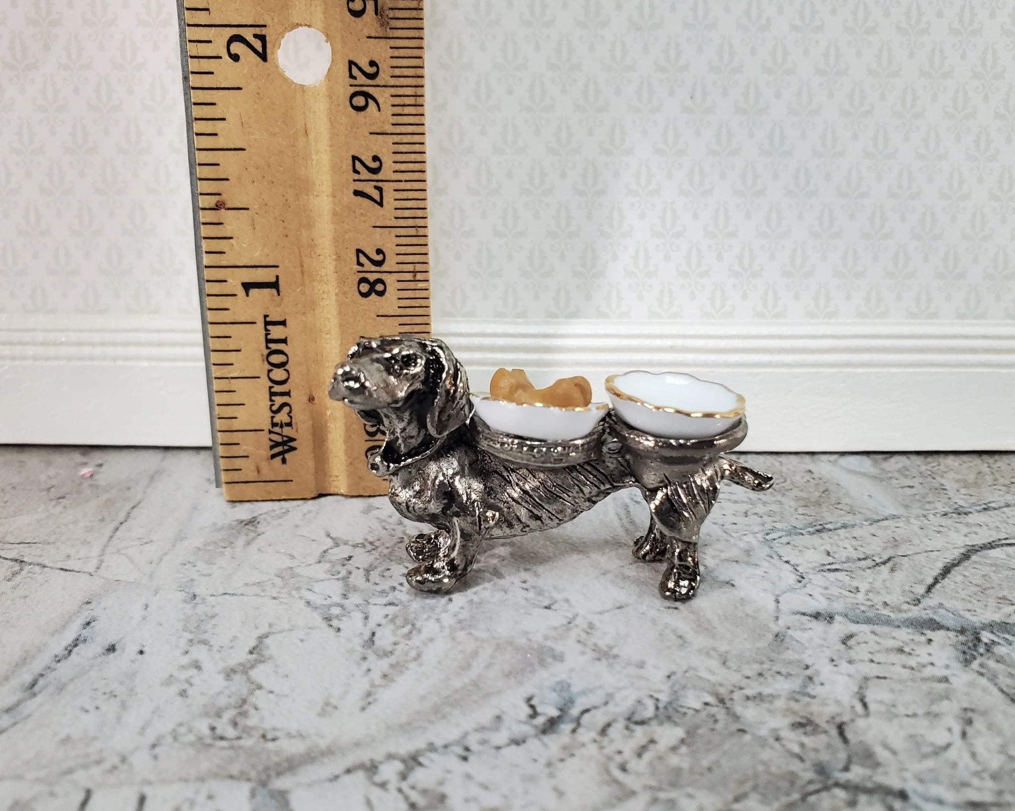 Dollhouse Dog Food Bowls Silver Dachshund Reutter Porcelain 1:12 Scale Miniature - Image 8