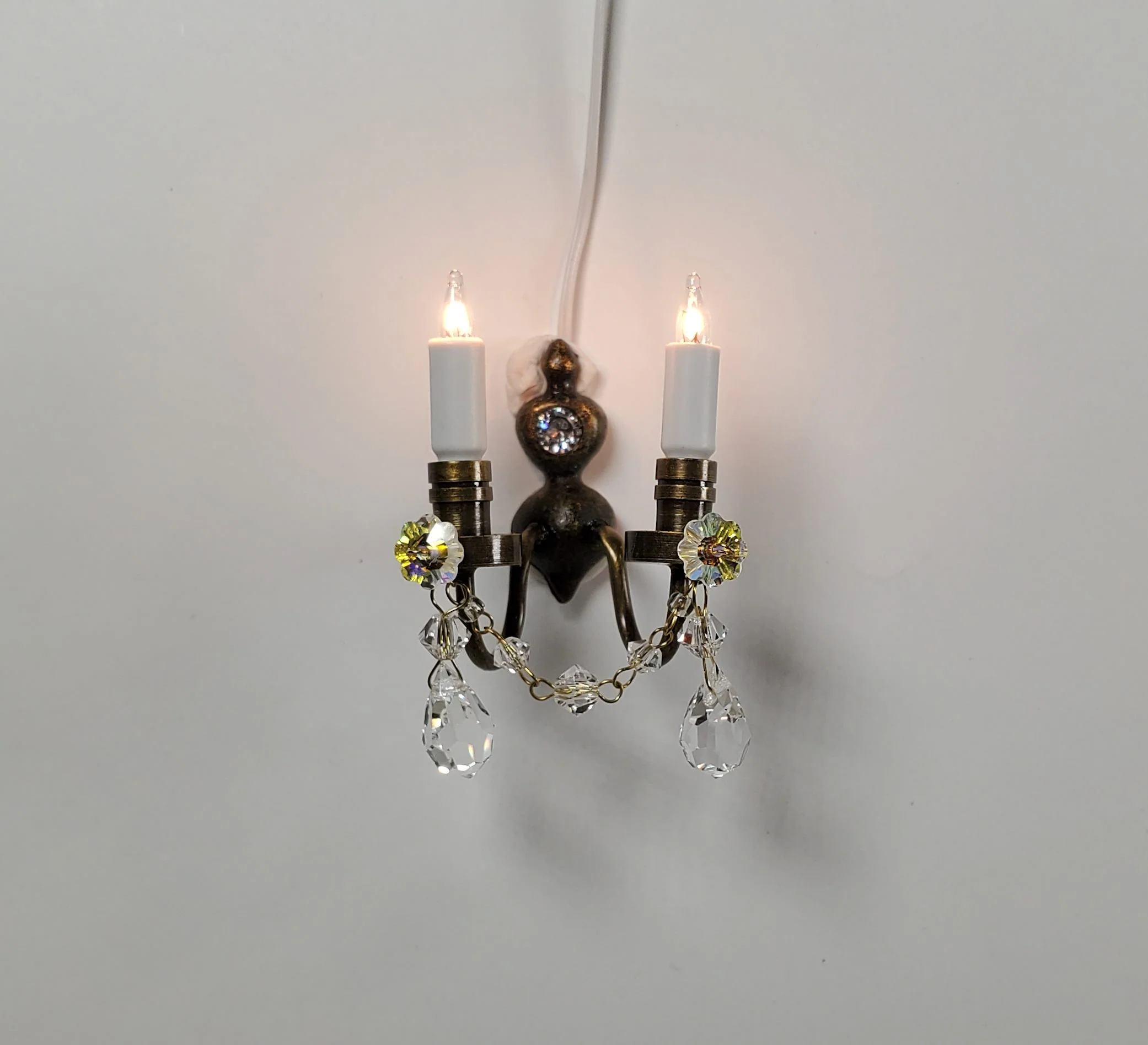 Dollhouse Double Candle Sconce with Crystals Bronze 12 volt w/ Plug 1:12 Scale